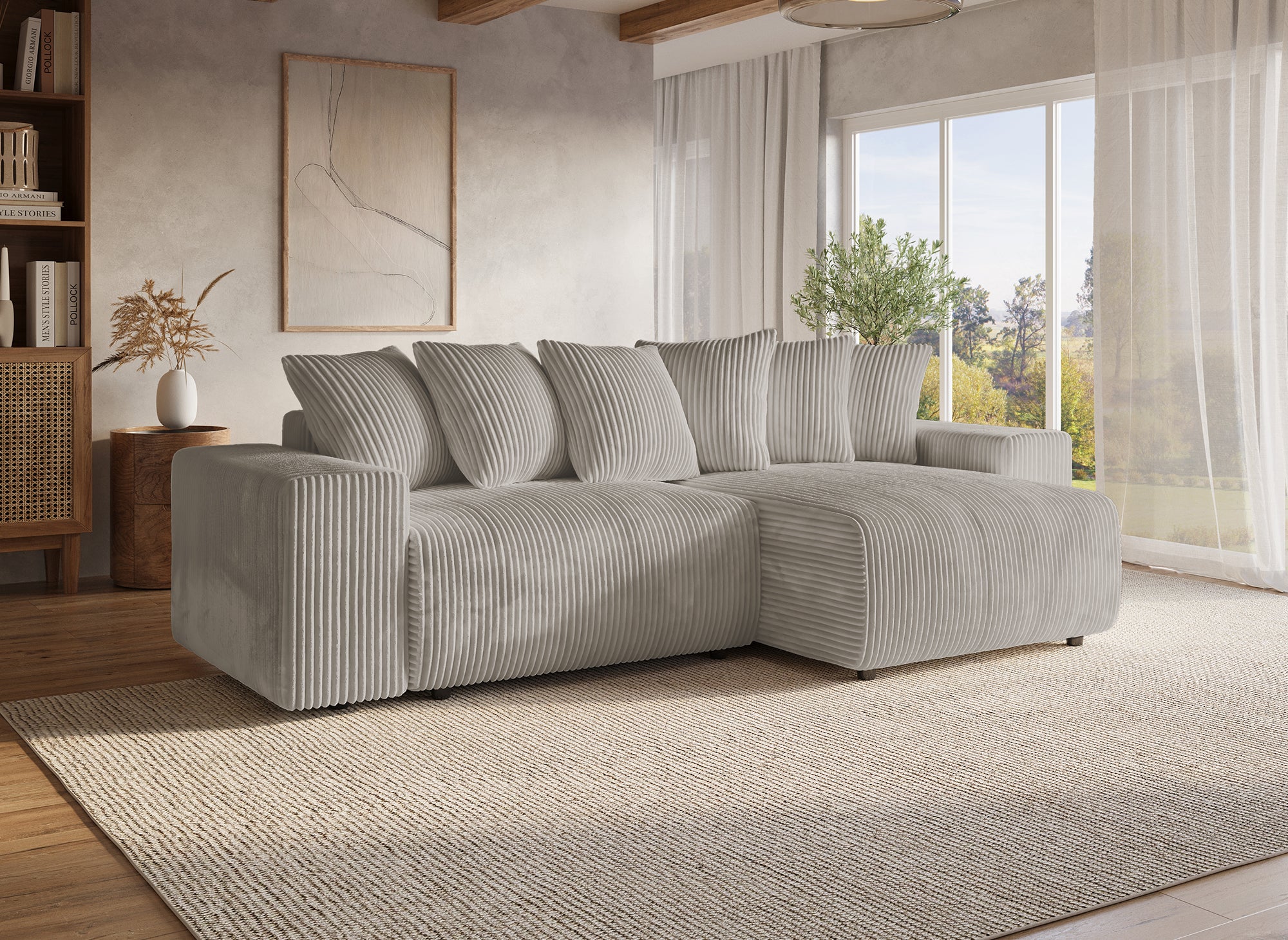 Sofá cama esquinero reversible NOELIA con almacenaje en pana gruesa color topo