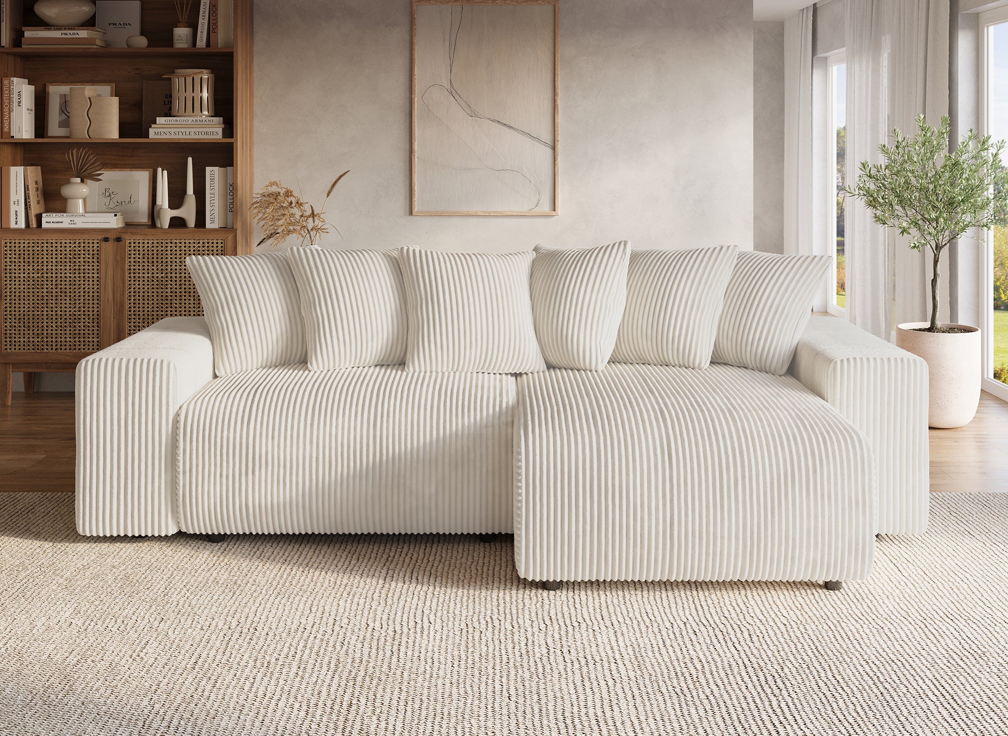 Sofá cama esquinero reversible NOELIA con almacenaje en pana gruesa color beige