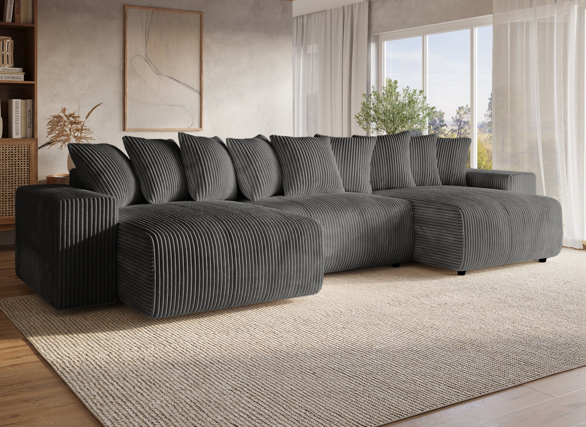 Sofá cama panorámico reversible NOELIA con almacenaje en pana gris gruesa