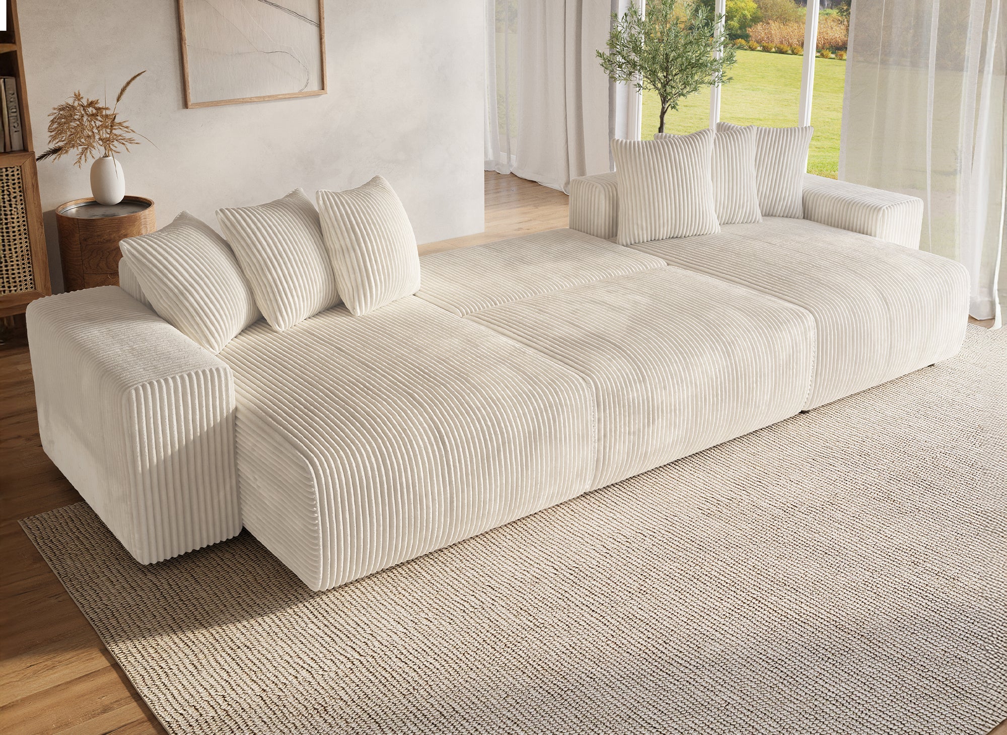 Sofá cama panorámico reversible NOELIA con almacenaje en pana gruesa color beige