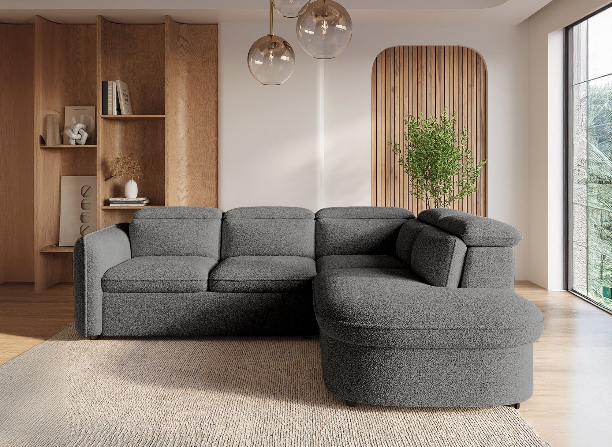 Sofá cama esquinero BAYA con compartimento de almacenaje en tejido bouclé gris - esquina derecha
