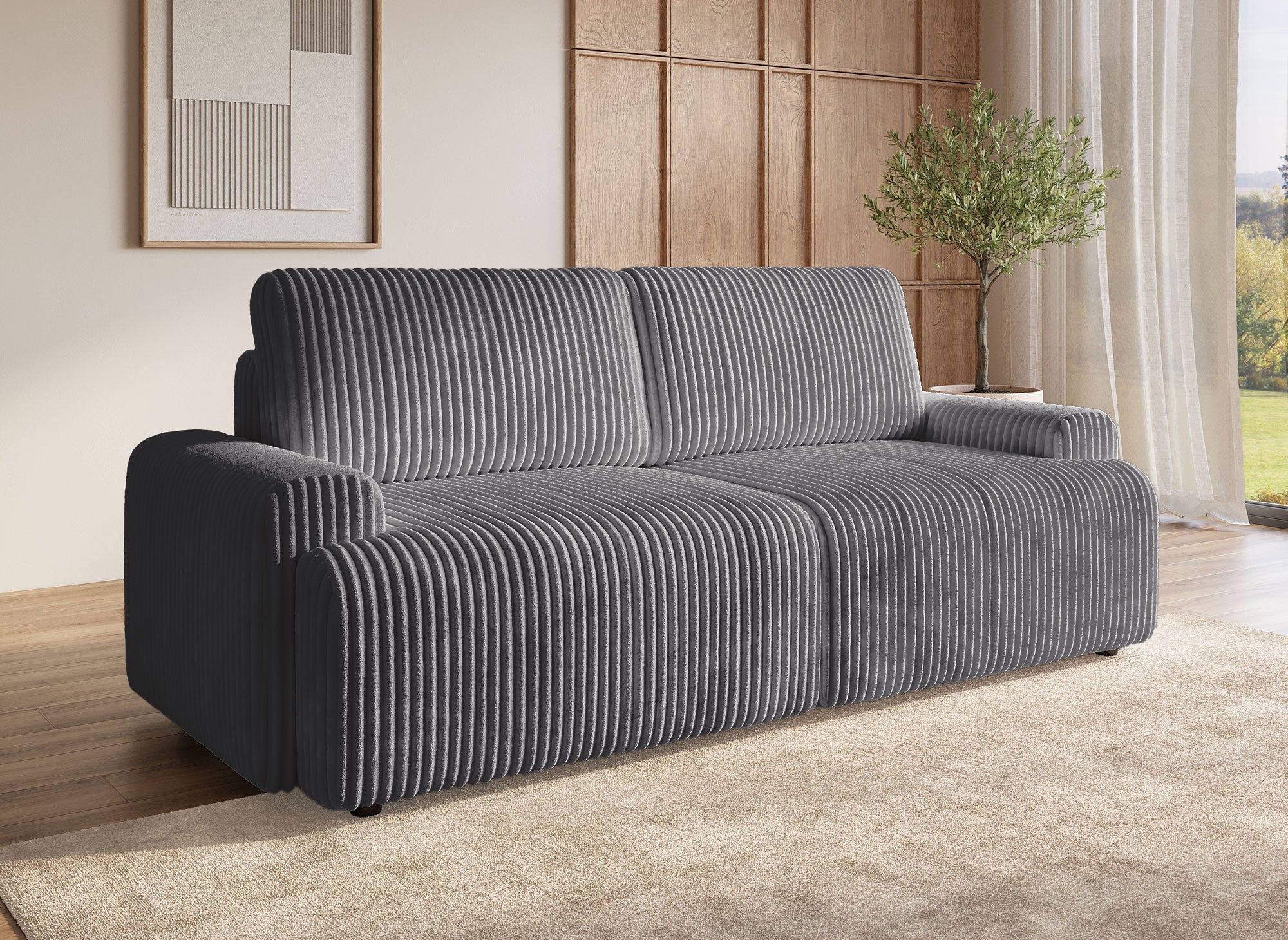 Sofá cama MILO con almacenaje en pana gris gruesa