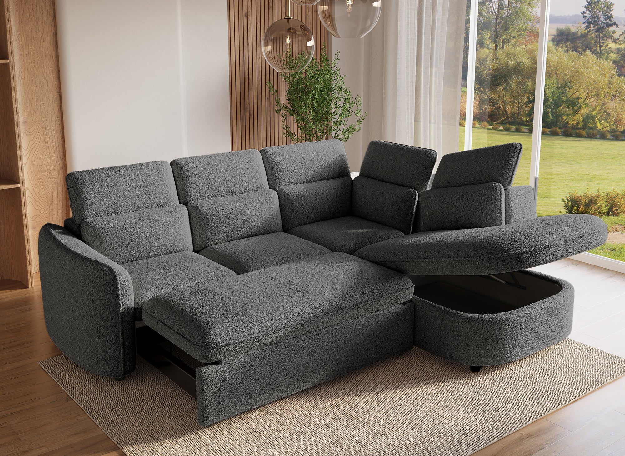 Sofá cama esquinero BAYA con compartimento de almacenaje en tejido bouclé gris - esquina derecha