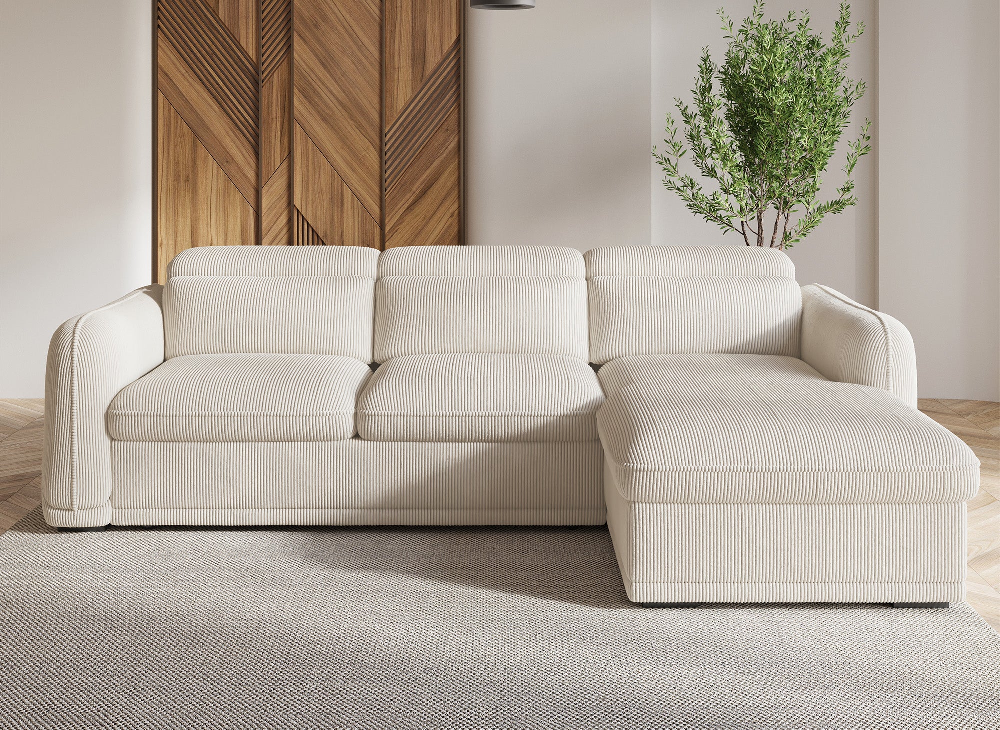 Sofá esquinero convertible PETUNIA con almacenaje en pana gruesa color beige - Esquinero derecho