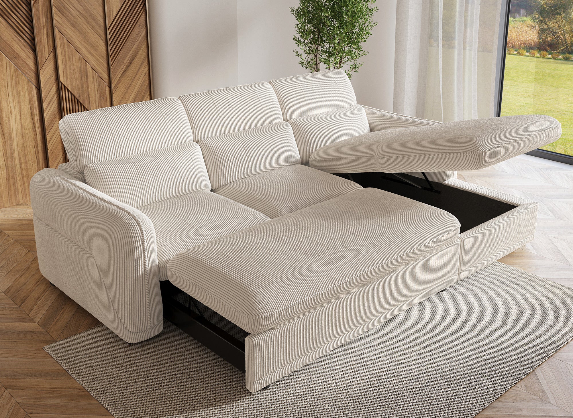 Sofá esquinero convertible PETUNIA con almacenaje en pana gruesa color beige - Esquinero derecho