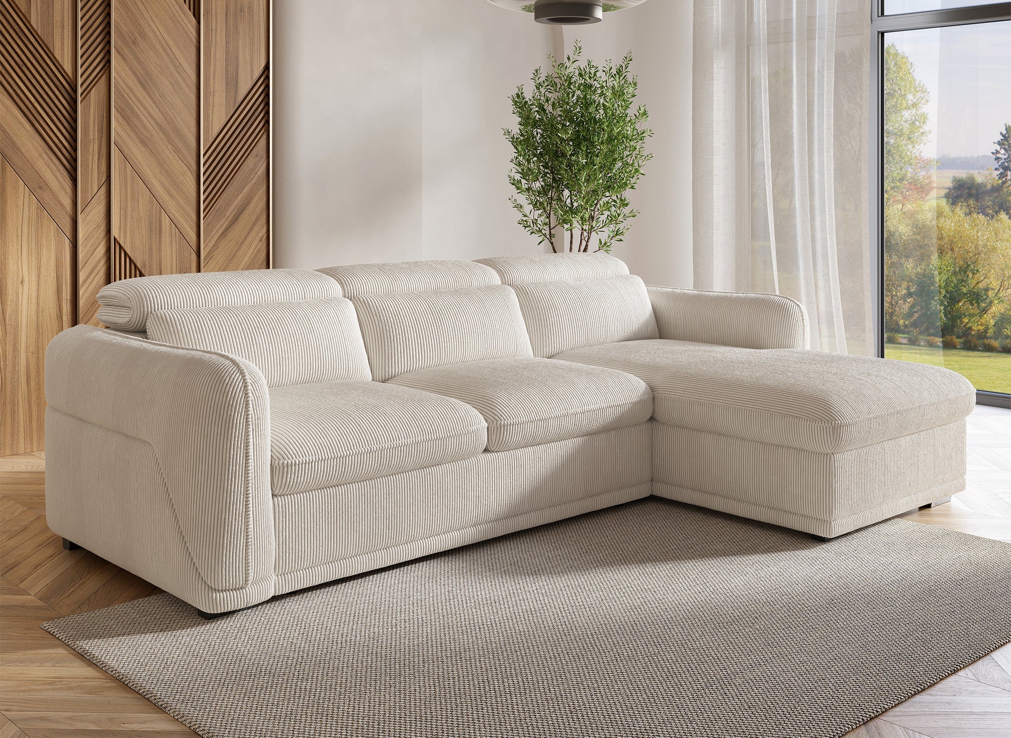 Sofá esquinero convertible PETUNIA con almacenaje en pana gruesa color beige - Esquinero derecho