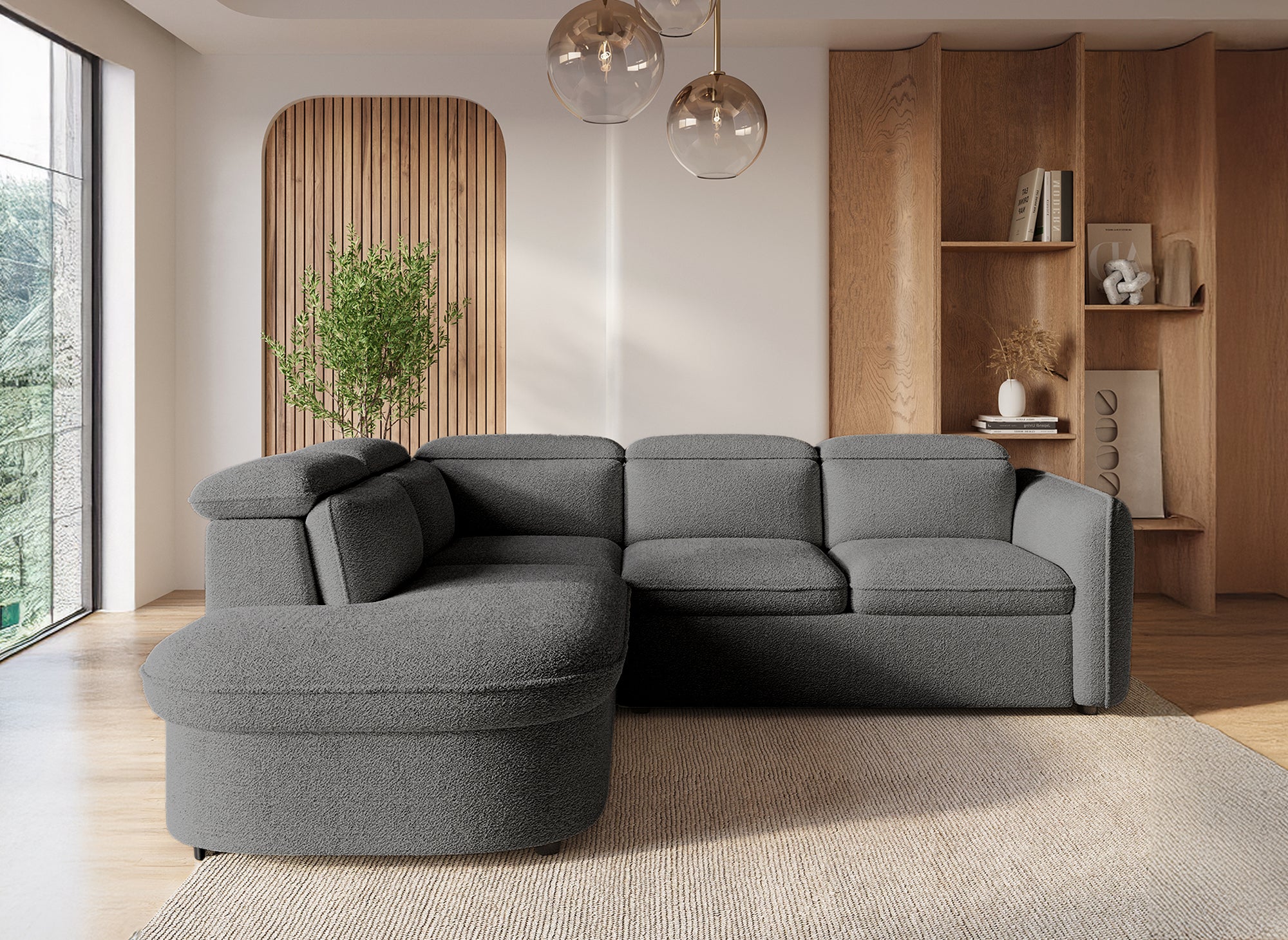 Sofá cama esquinero BAYA con compartimento de almacenaje en tejido bouclé gris - esquina izquierda