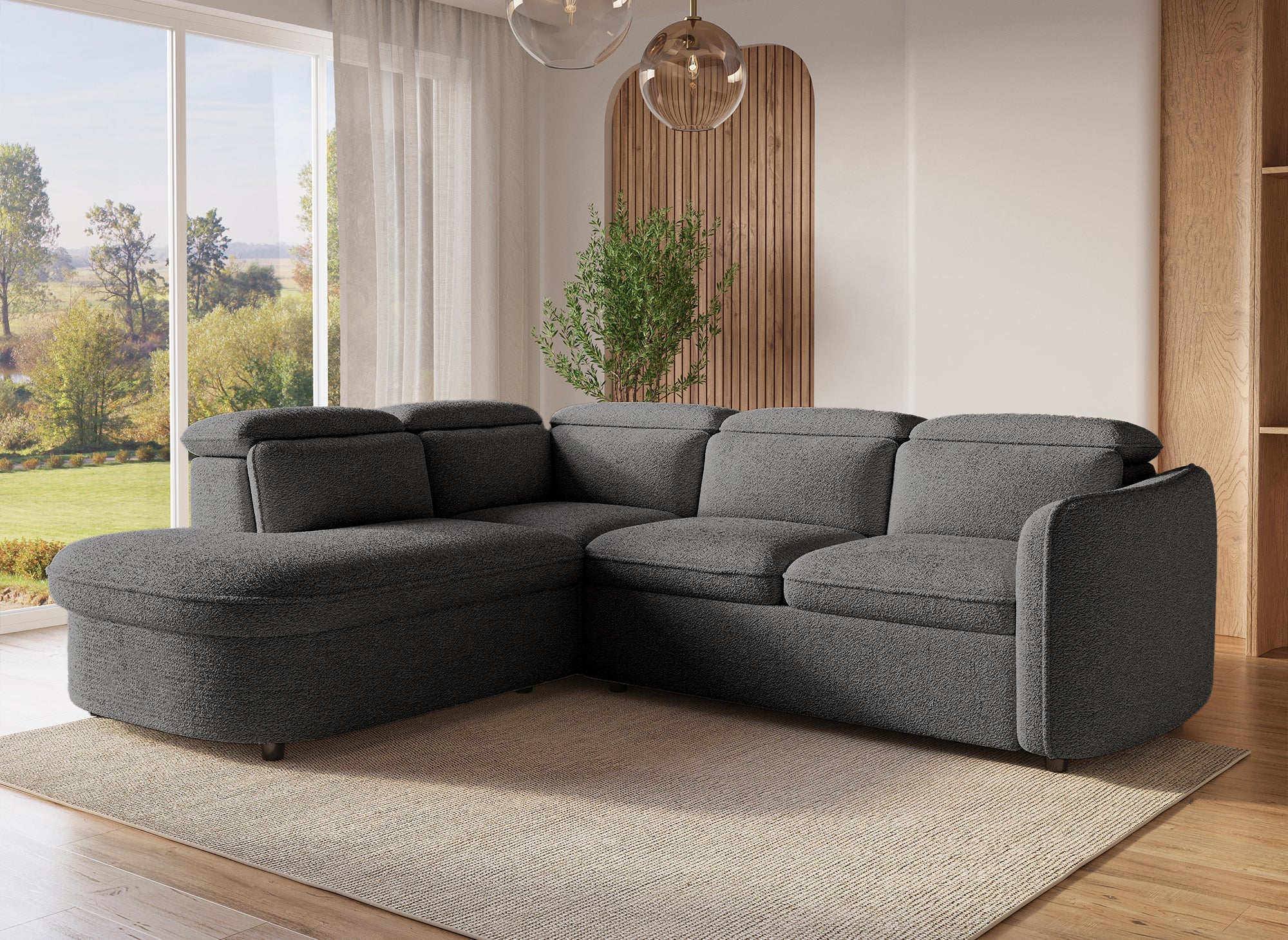 Sofá cama esquinero BAYA con compartimento de almacenaje en tejido bouclé gris - esquina izquierda