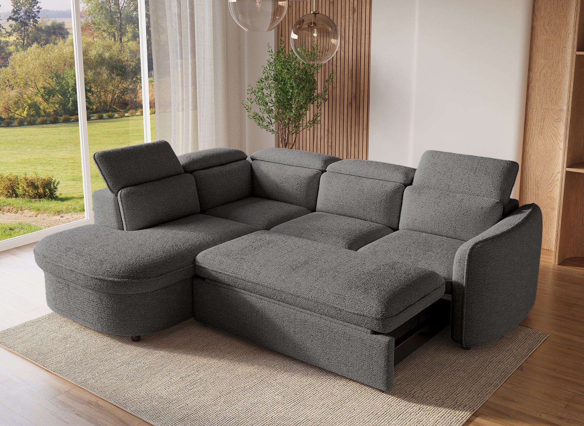 Sofá cama esquinero BAYA con compartimento de almacenaje en tejido bouclé gris - esquina izquierda