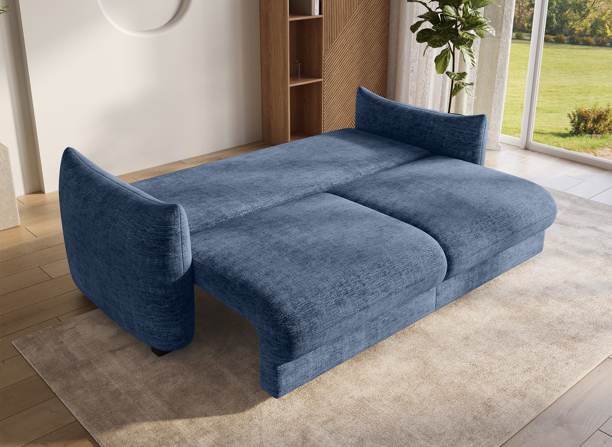 Sofá cama de 3 plazas COLBY con almacenaje en terciopelo azul jaspeado