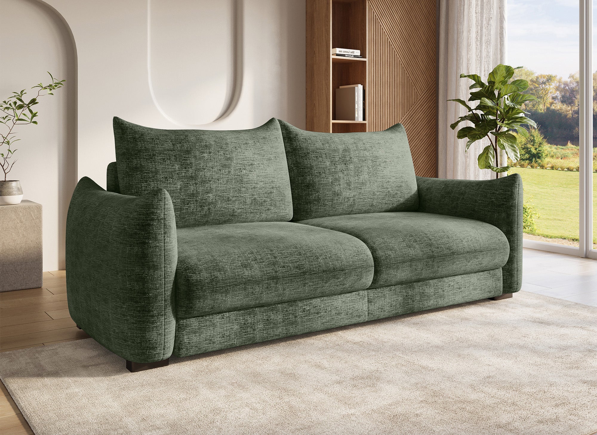 Sofá cama de 3 plazas COLBY con almacenaje en terciopelo caqui jaspeado