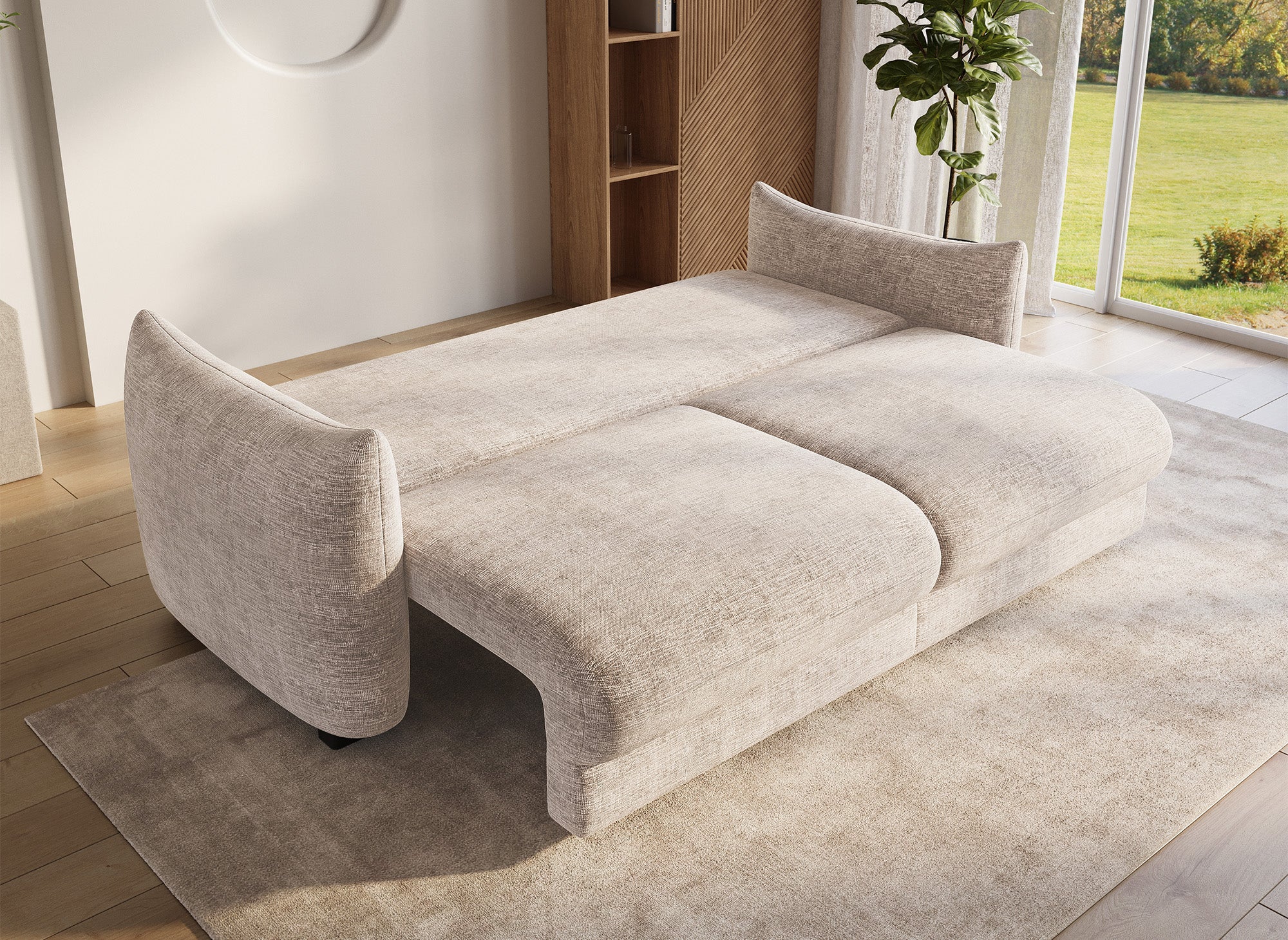 Sofá cama de 3 plazas COLBY con almacenaje en terciopelo jaspeado beige