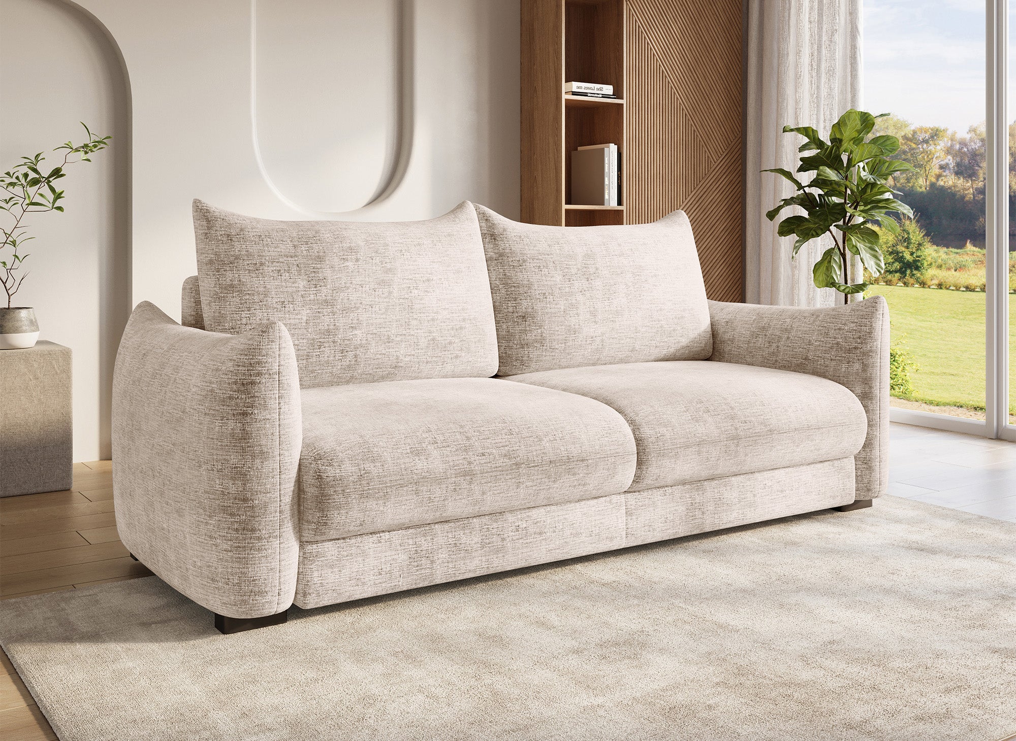 Sofá cama de 3 plazas COLBY con almacenaje en terciopelo jaspeado beige