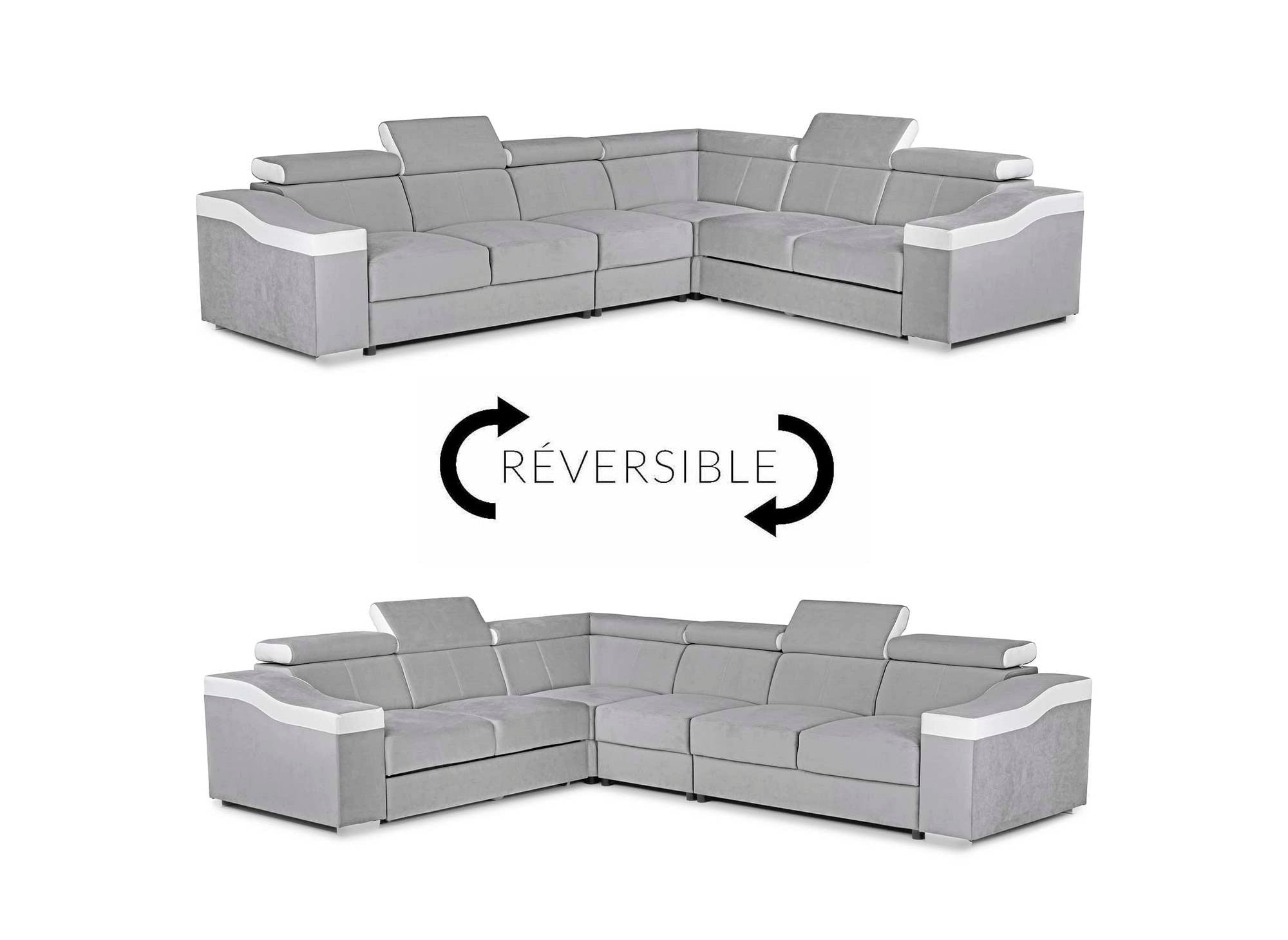 Sofá esquinero convertible reversible LEONIE en terciopelo gris claro y piel sintética blanca