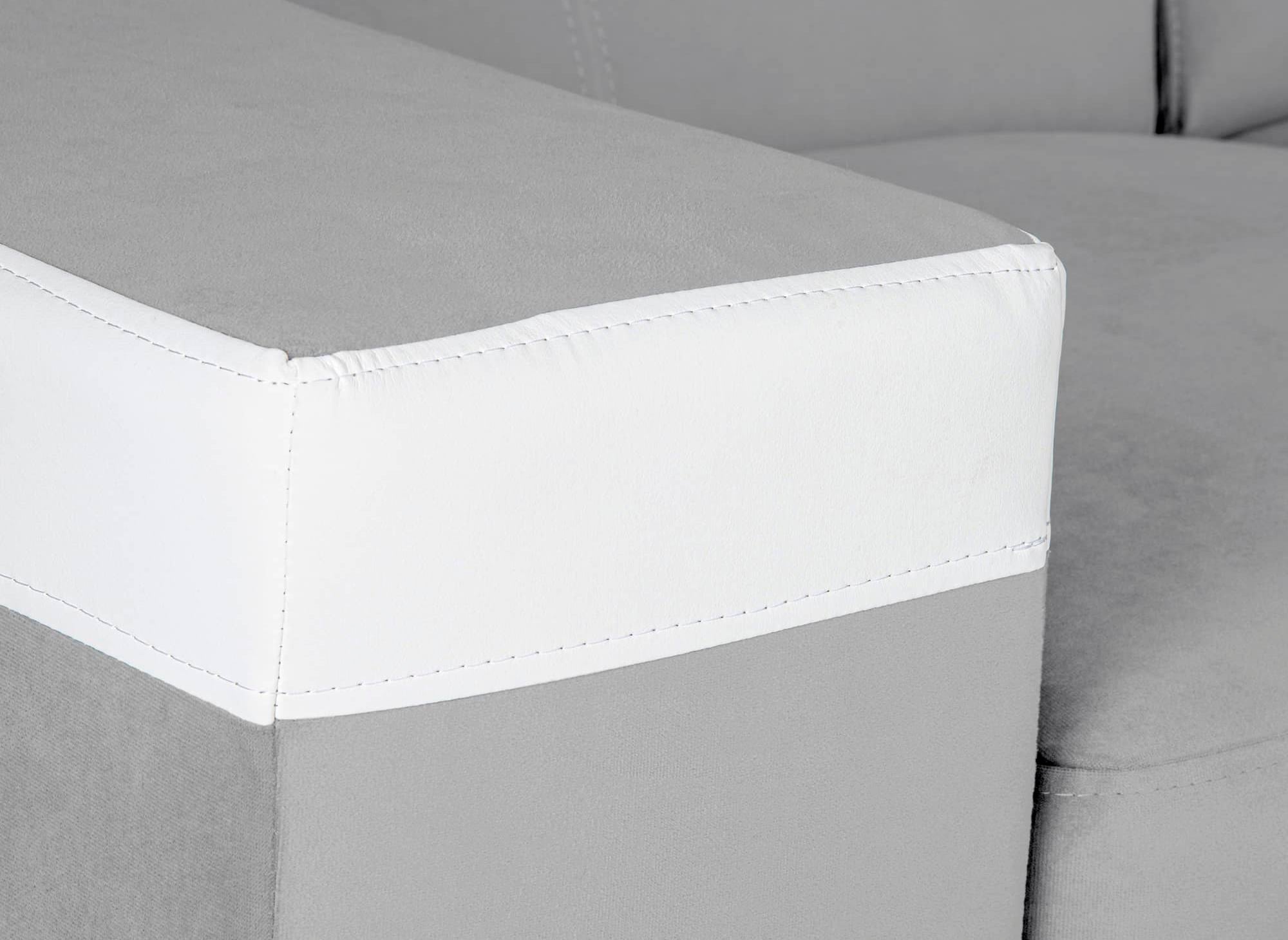 Sofá esquinero convertible reversible LEONIE en terciopelo gris claro y piel sintética blanca