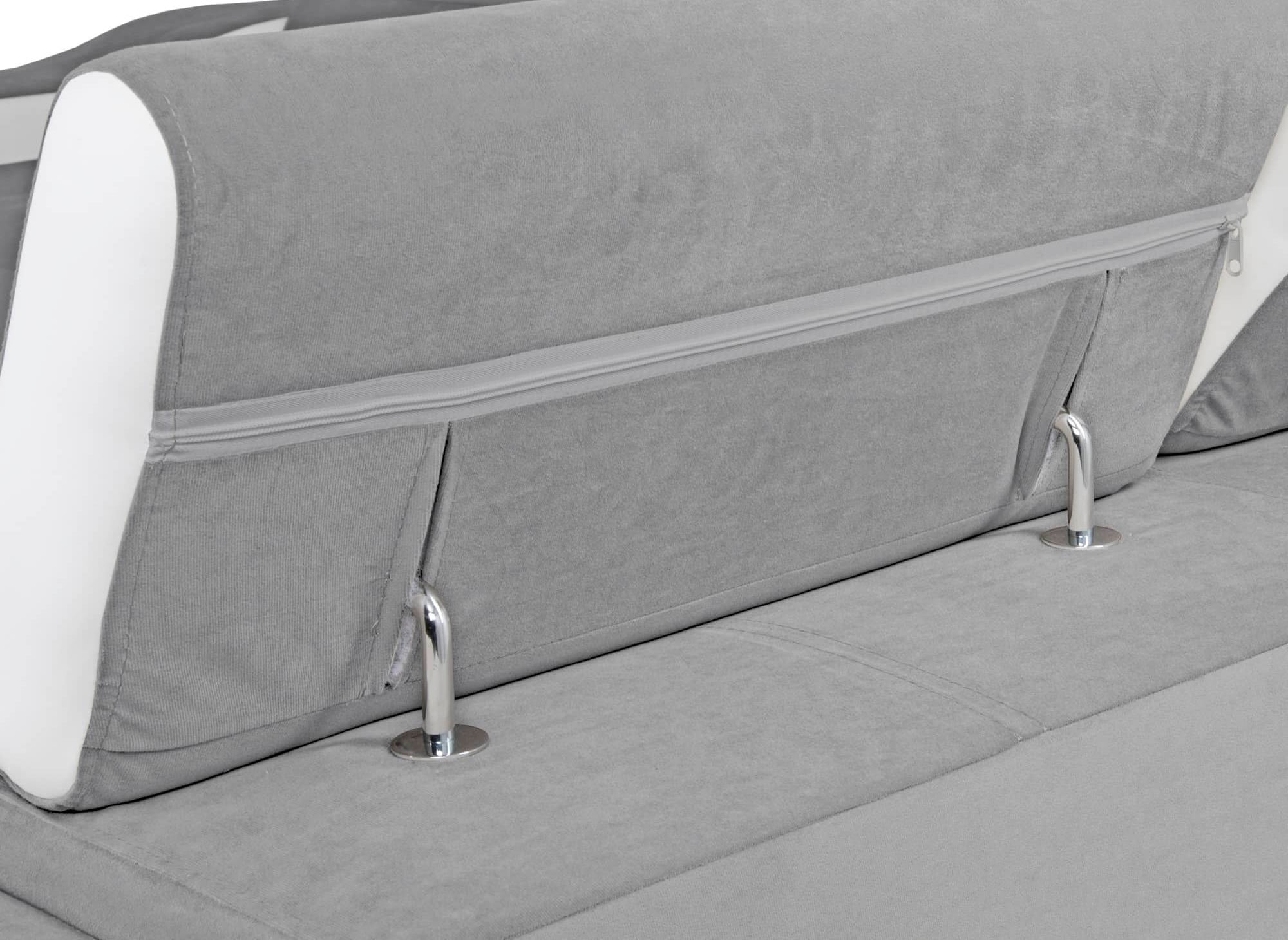 Sofá esquinero convertible reversible LEONIE en terciopelo gris claro y piel sintética blanca