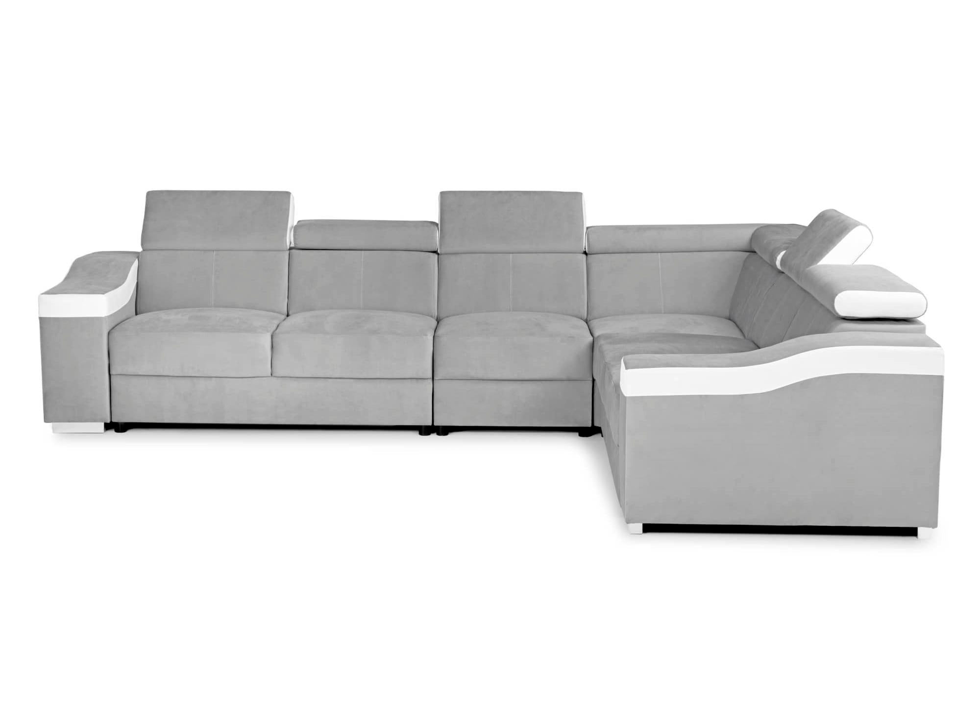 Sofá esquinero convertible reversible LEONIE en terciopelo gris claro y piel sintética blanca