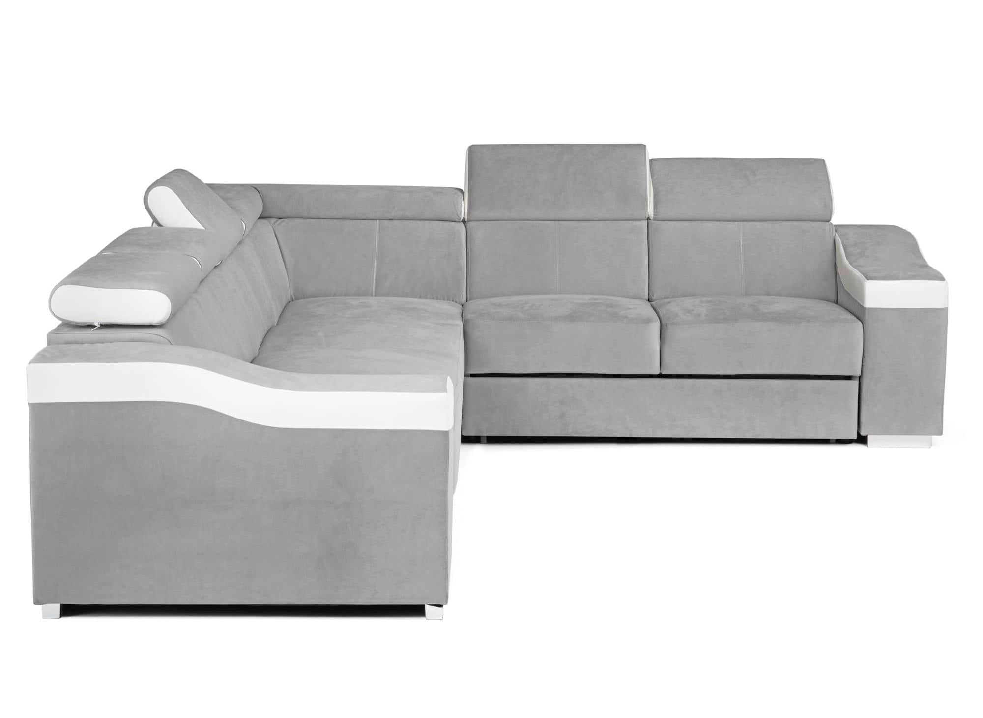 Sofá esquinero convertible reversible LEONIE en terciopelo gris claro y piel sintética blanca