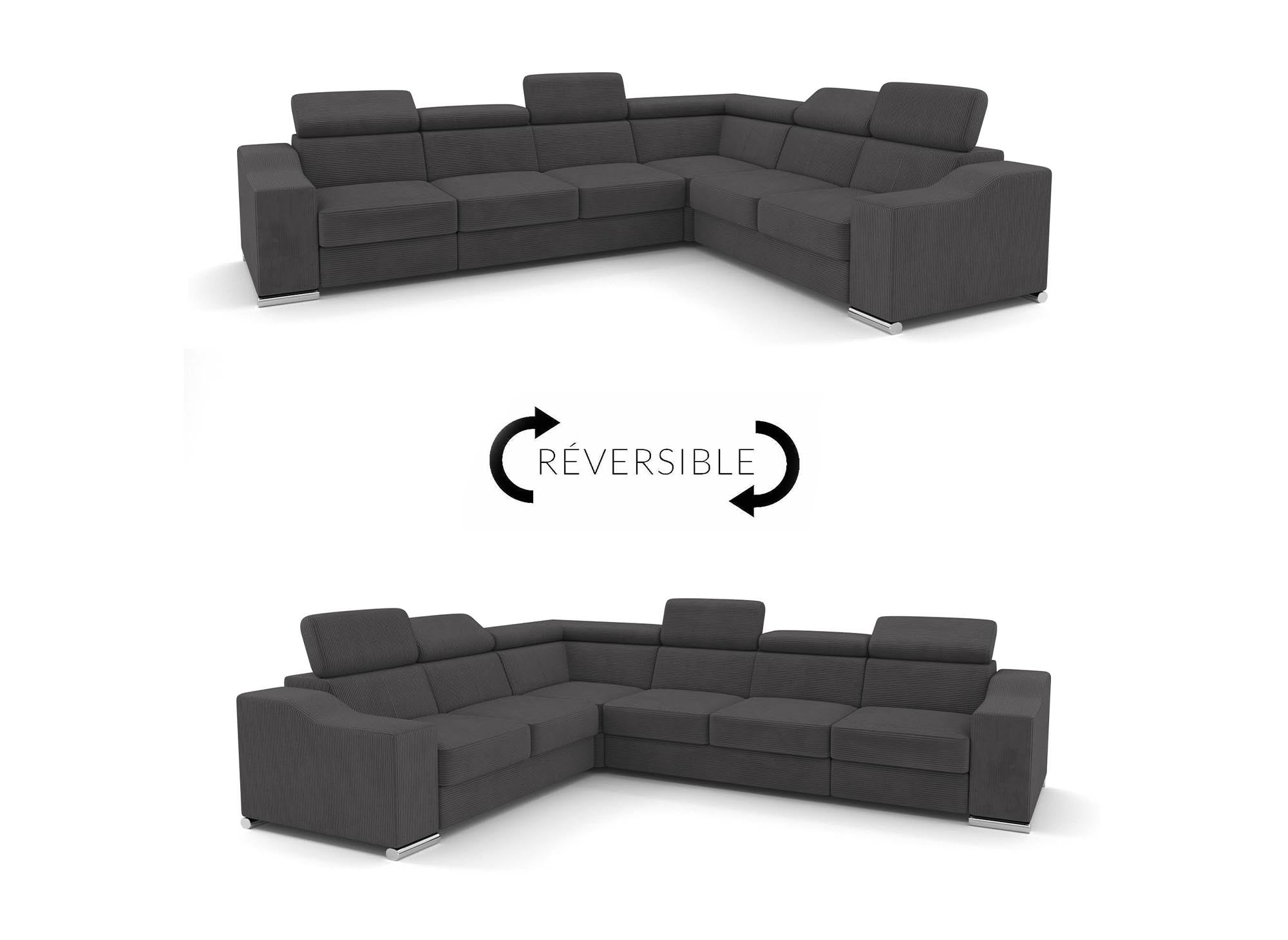 Sofá esquinero convertible reversible LEONIE en pana gris antracita