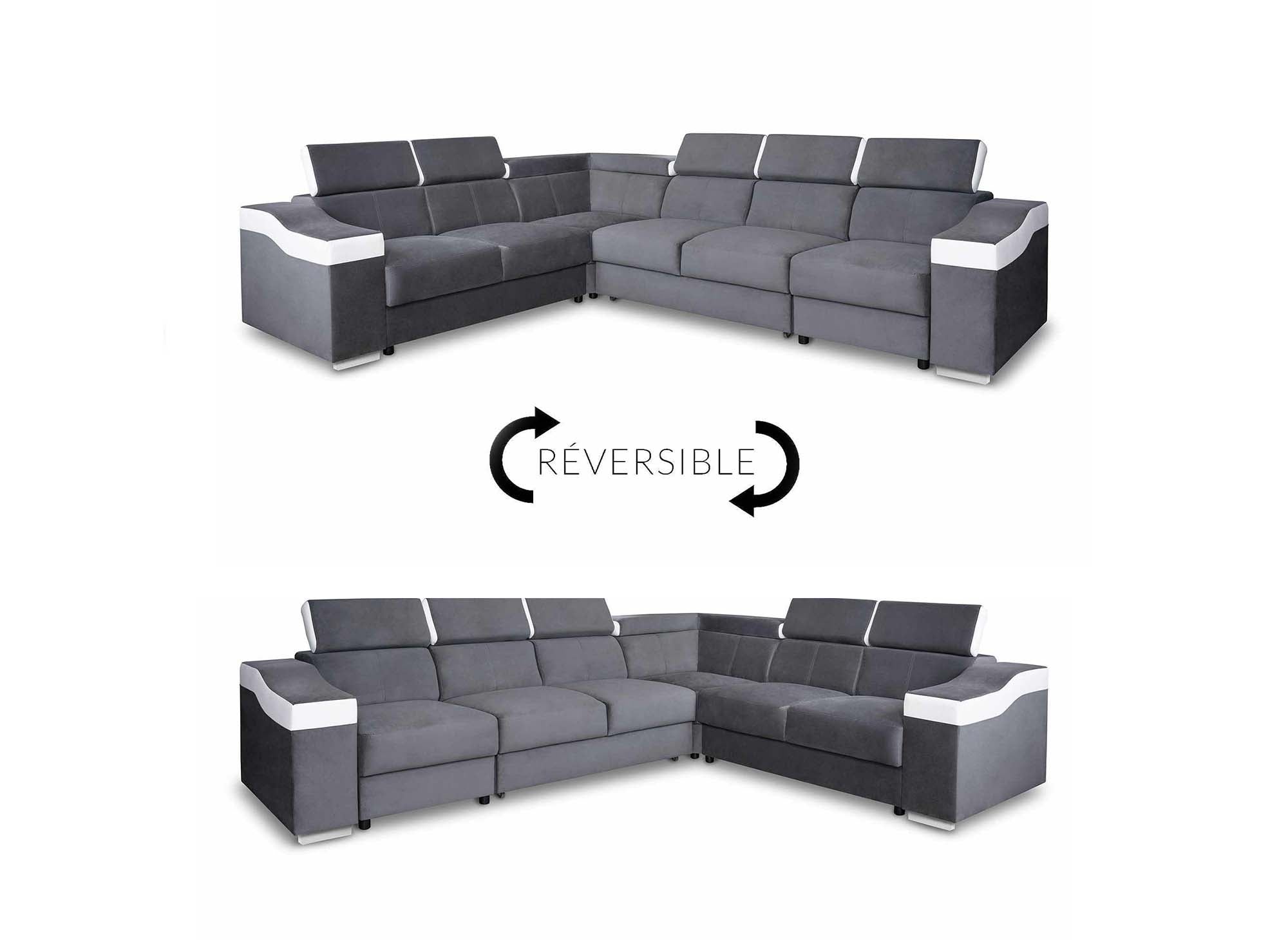 Sofá esquinero convertible reversible LEONIE en terciopelo gris y piel sintética blanca