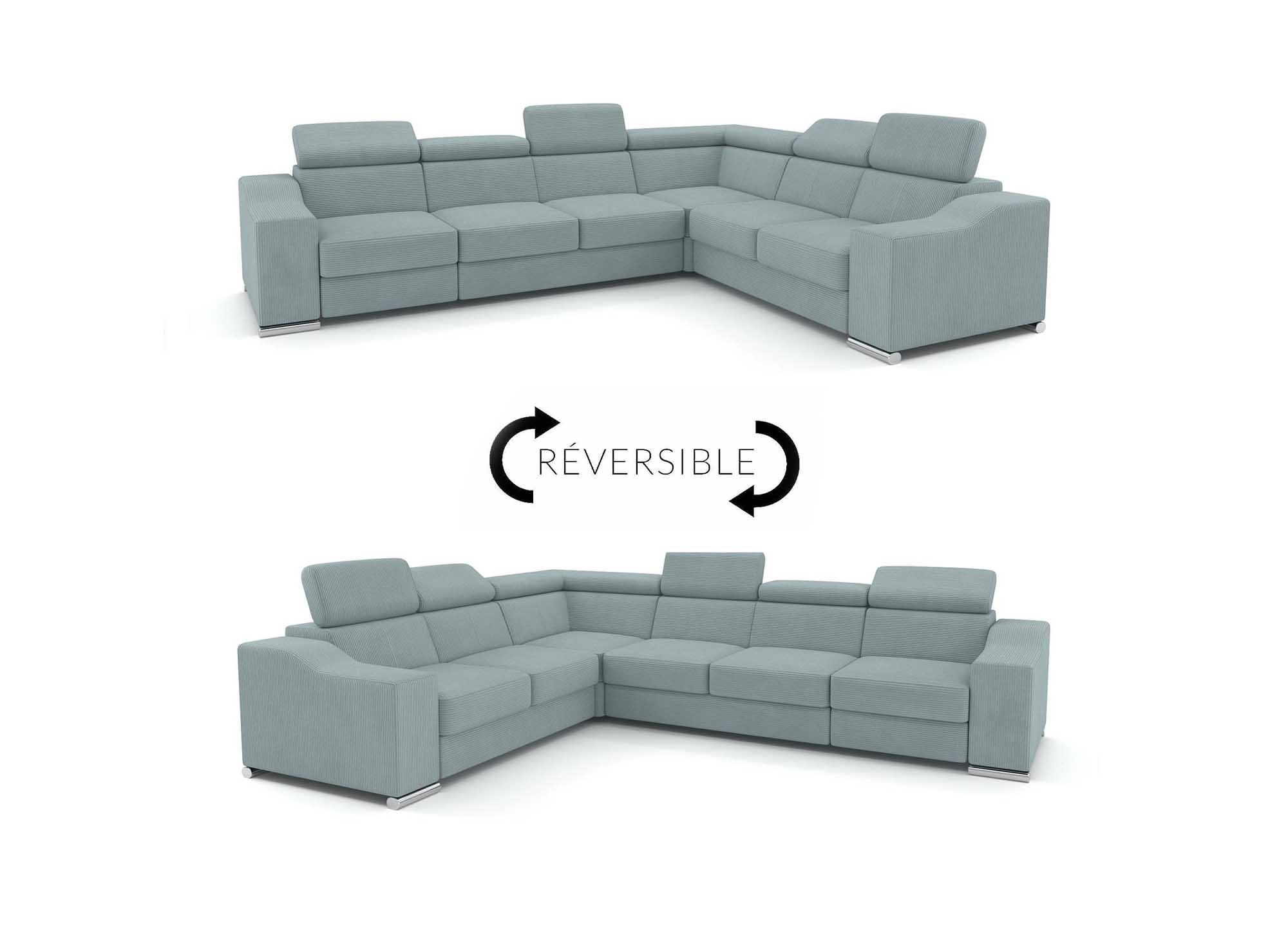 Sofá esquinero convertible reversible LEONIE en pana color verde azulado