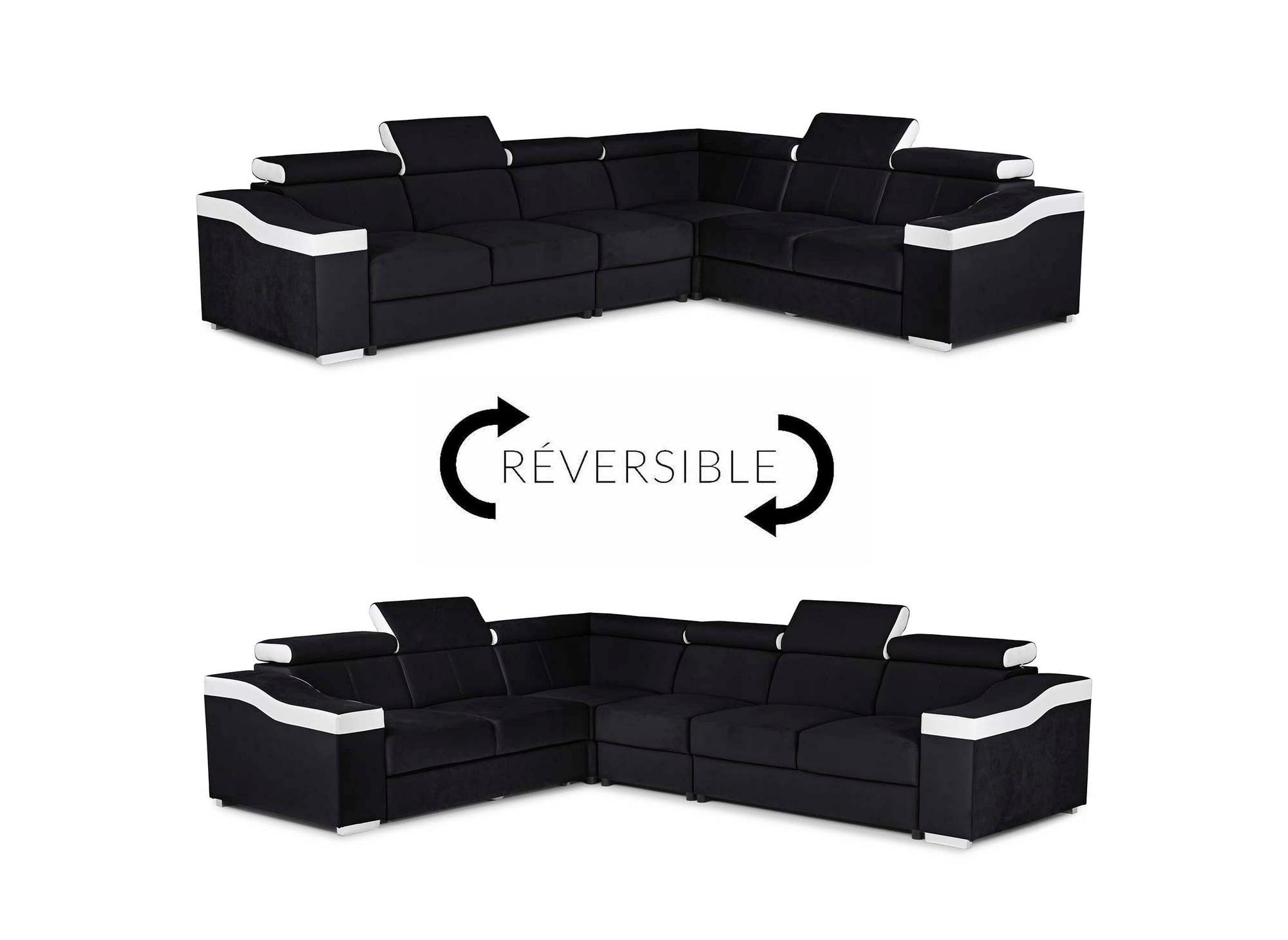 Sofá esquinero convertible reversible LEONIE en terciopelo negro y piel sintética blanca