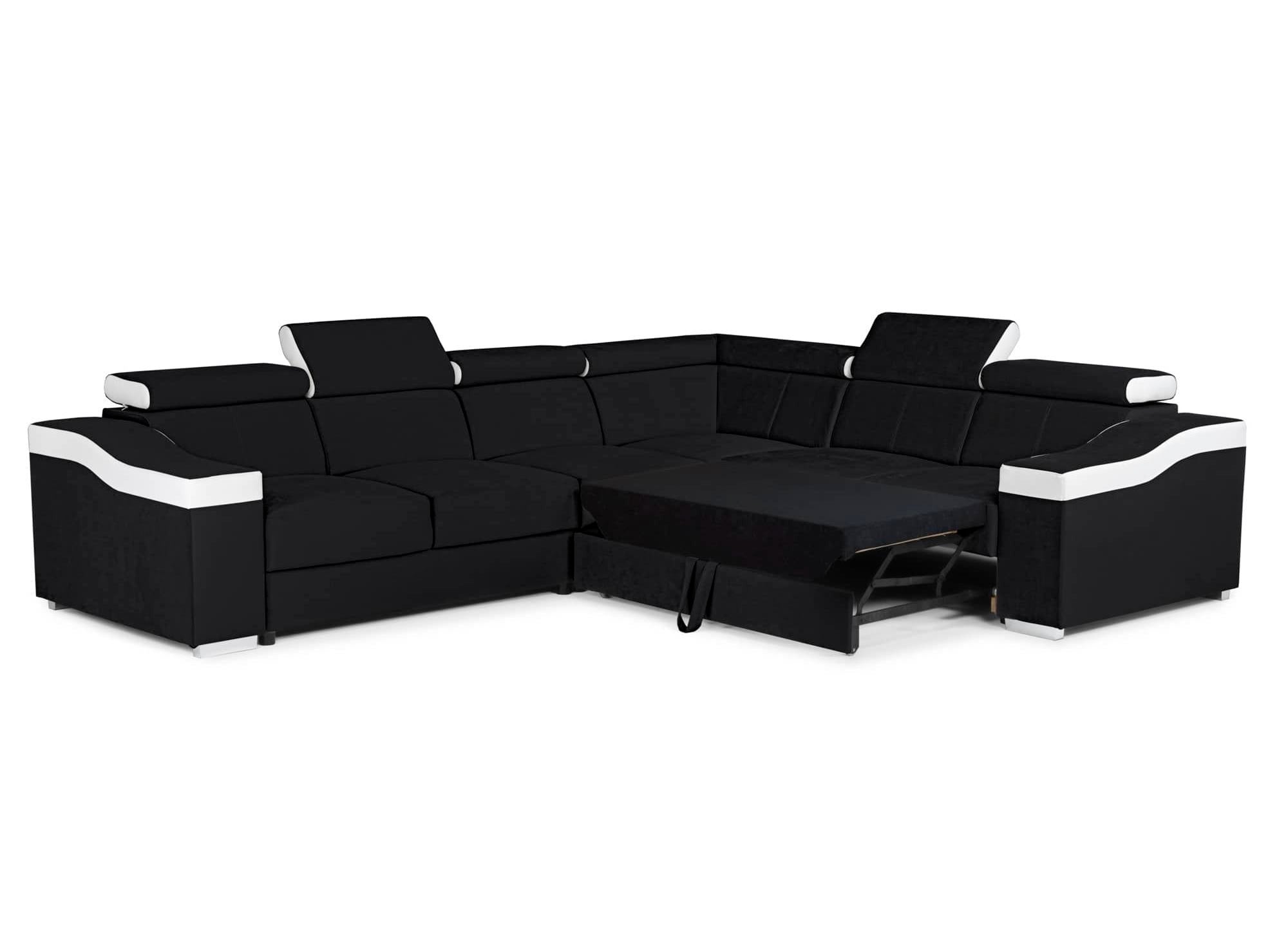 Sofá esquinero convertible reversible LEONIE en terciopelo negro y piel sintética blanca