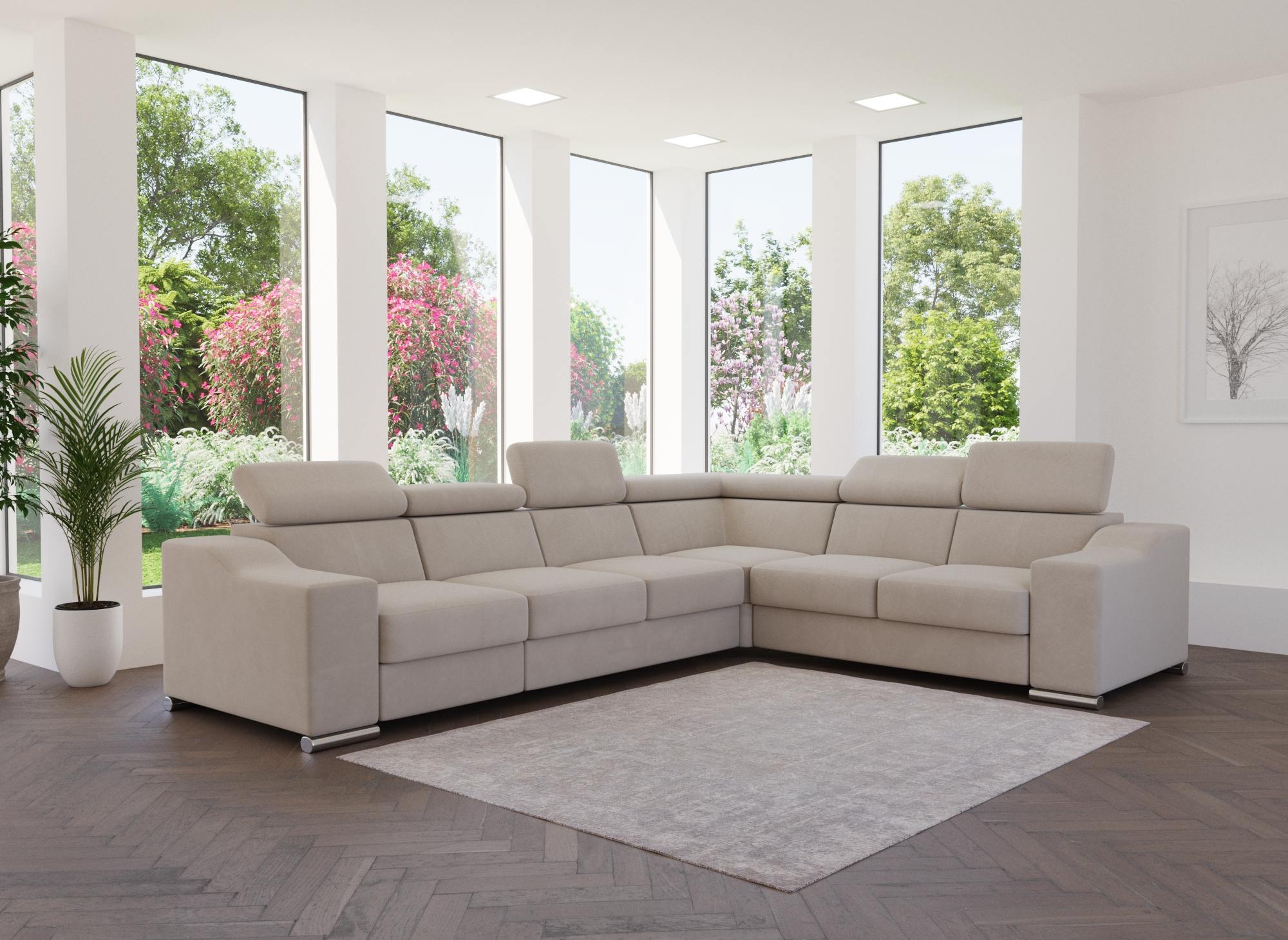 Sofá esquinero convertible reversible LEONIE en terciopelo beige