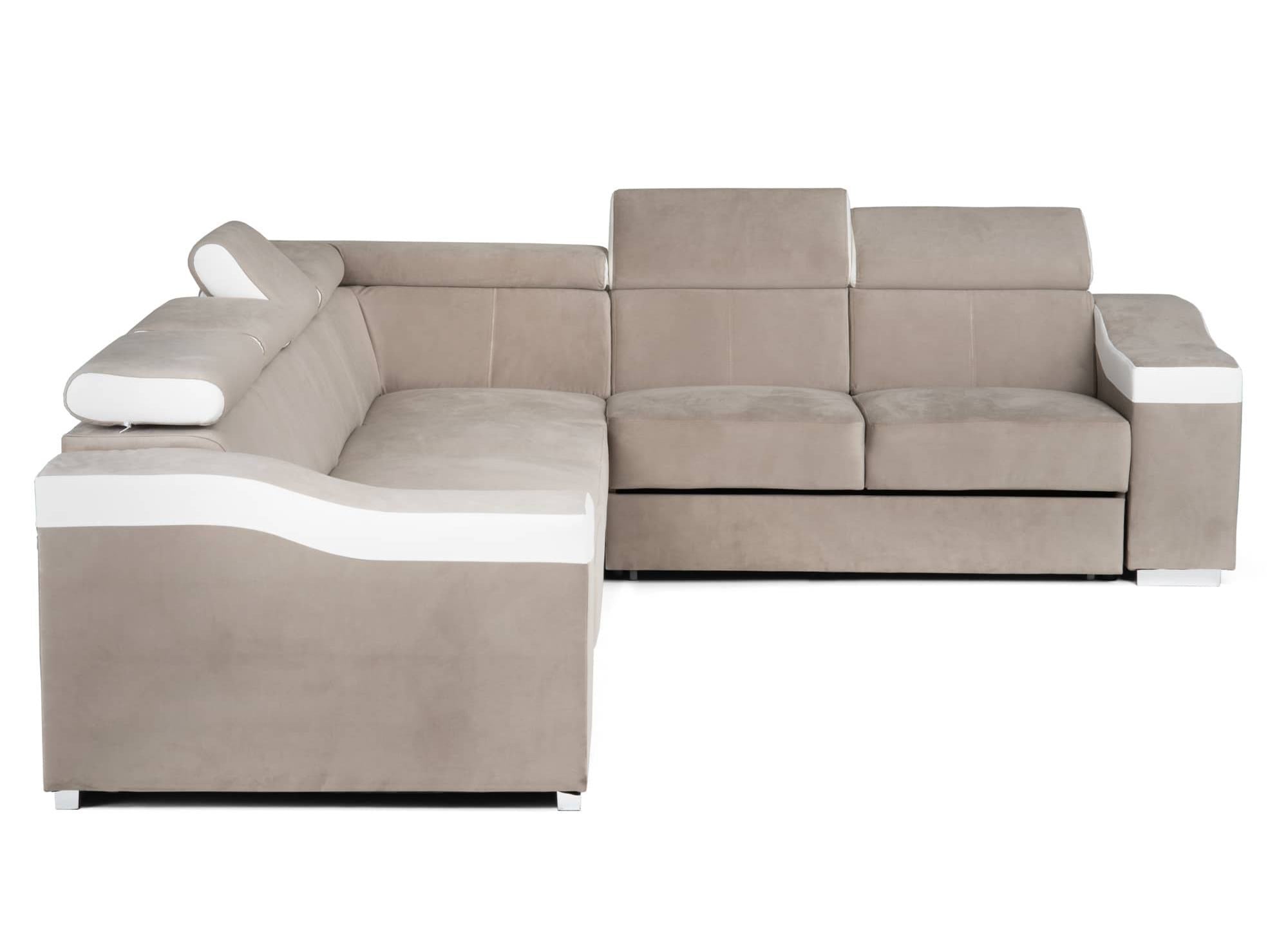 Sofá esquinero convertible reversible LEONIE en terciopelo beige y piel sintética blanca