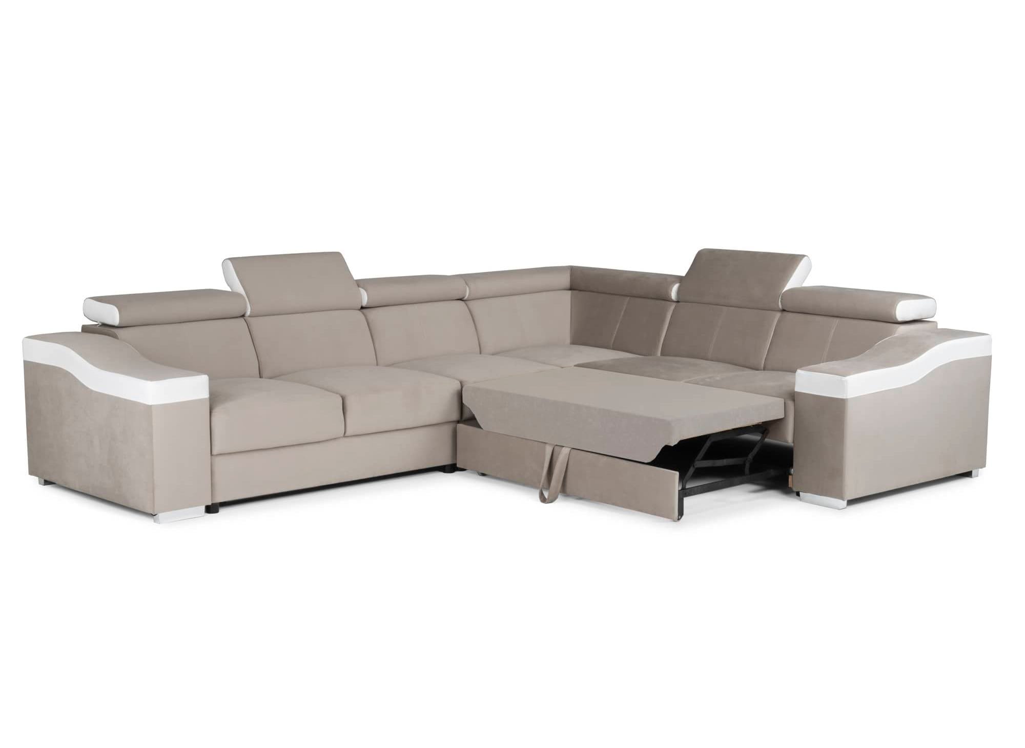 Sofá esquinero convertible reversible LEONIE en terciopelo beige y piel sintética blanca