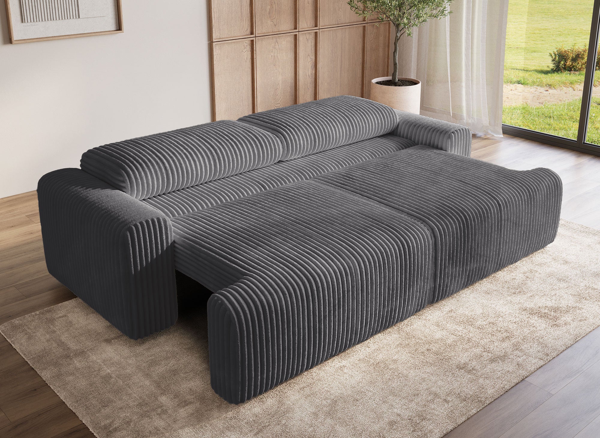 Sofá cama MILO con almacenaje en pana gris gruesa