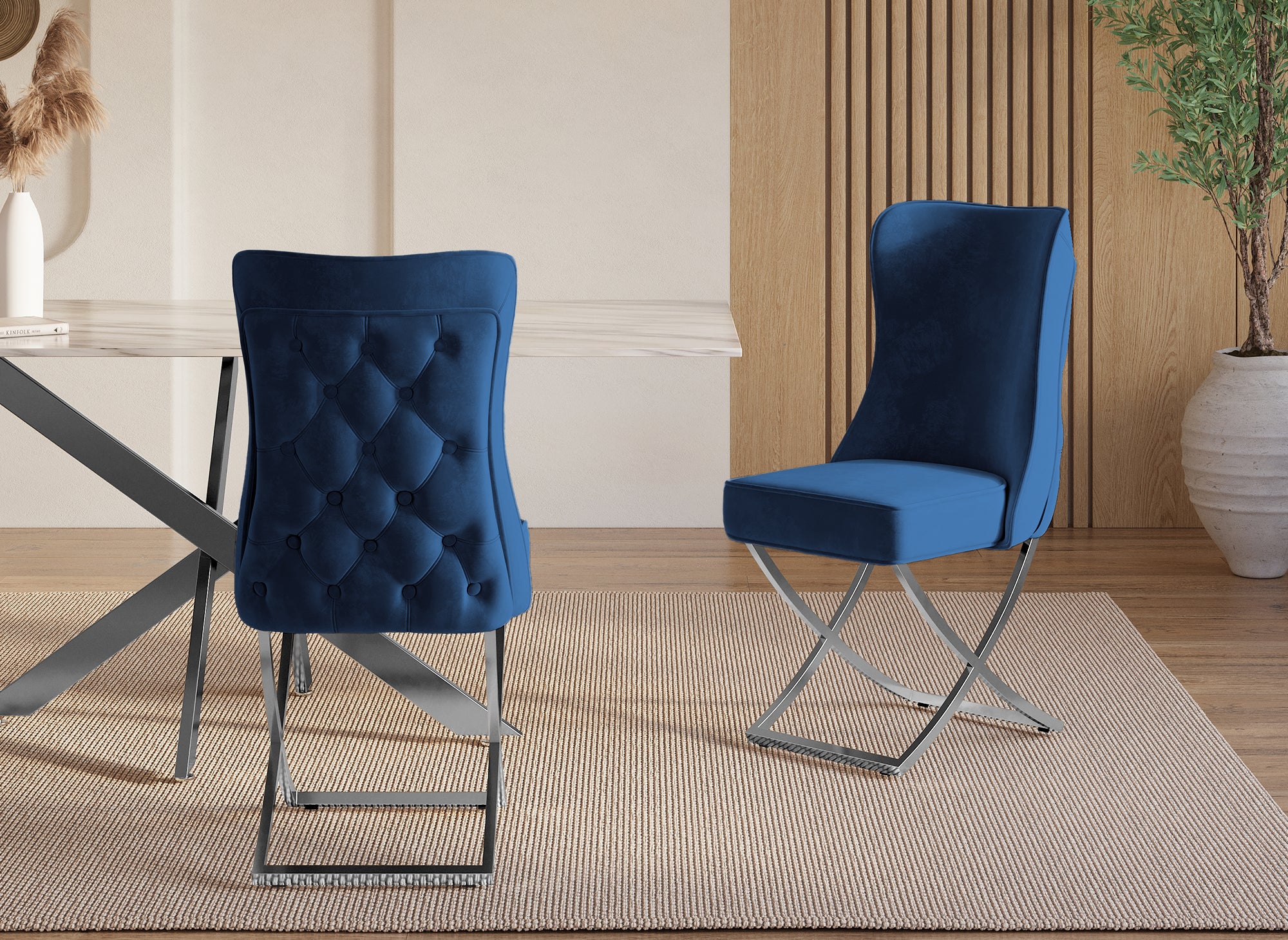 Juego de 2 sillas ETHAN de terciopelo azul con patas de metal plateado