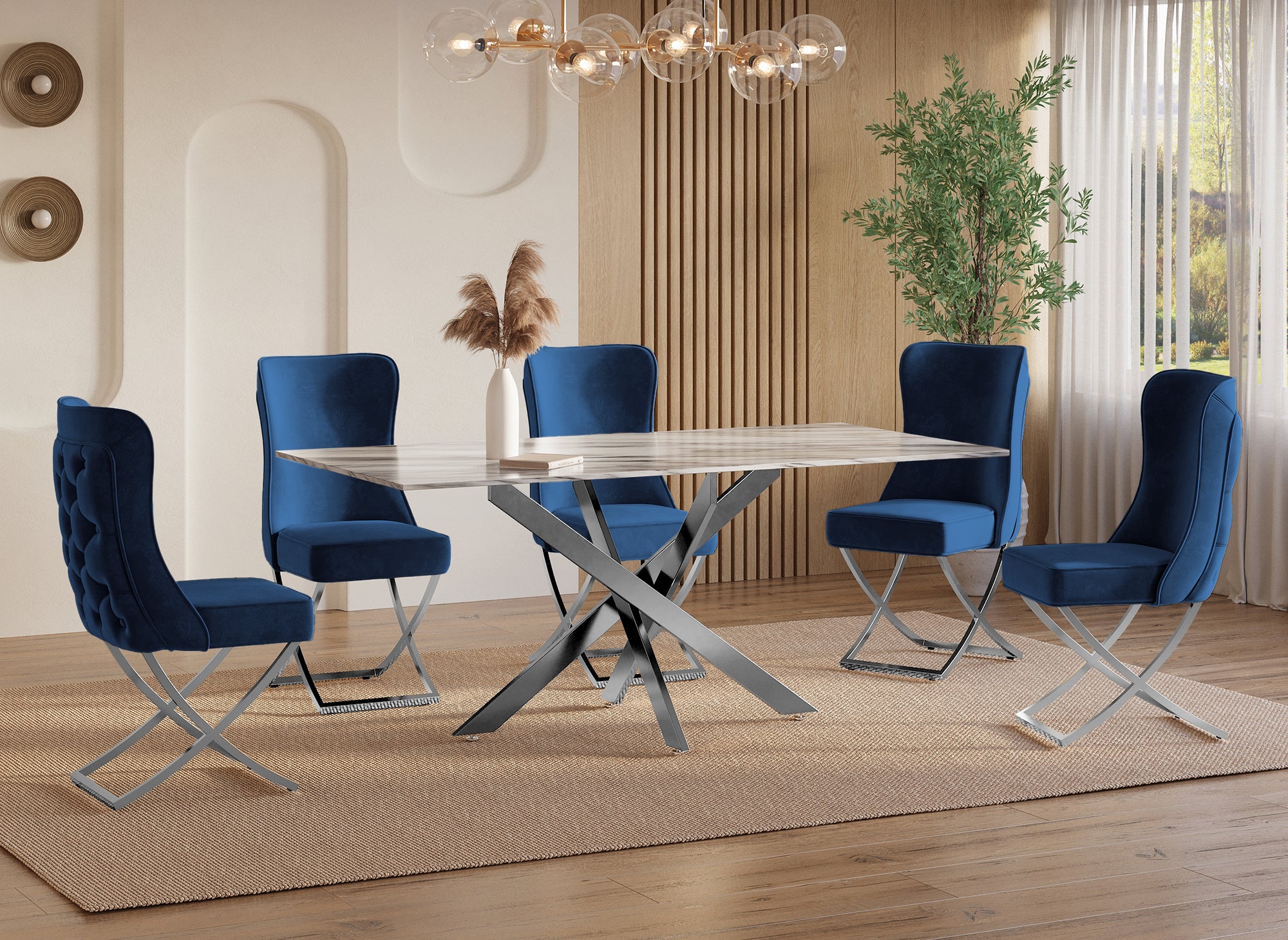 Juego de 2 sillas ETHAN de terciopelo azul con patas de metal plateado