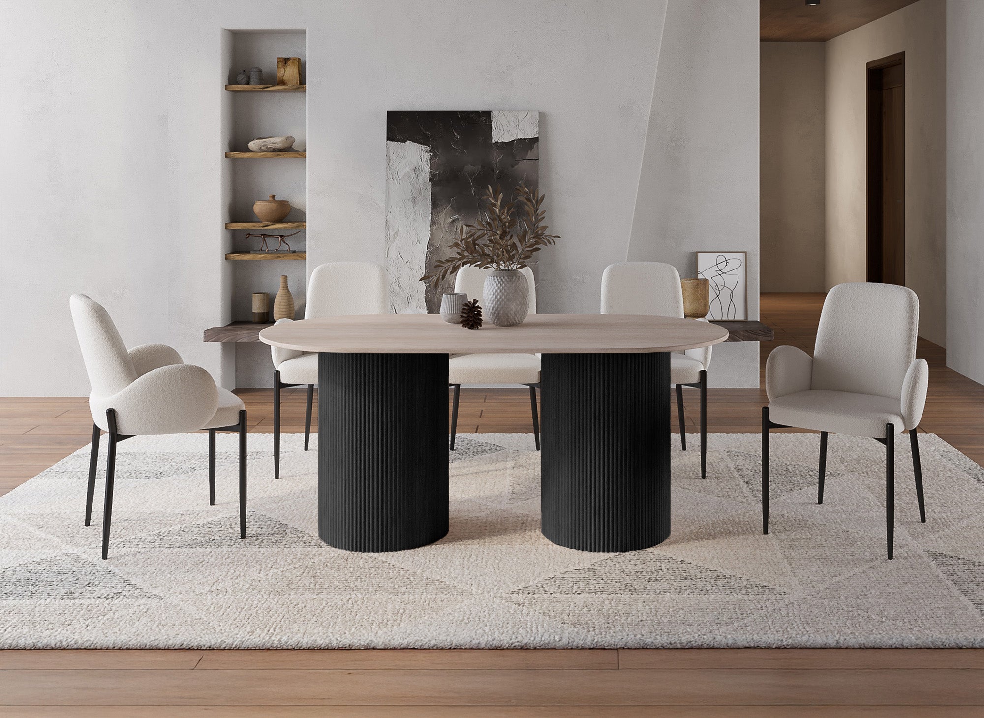 Mesa de comedor de mármol compuesto beige con patas negras, capacidad para 6 personas, DHARA BLACK