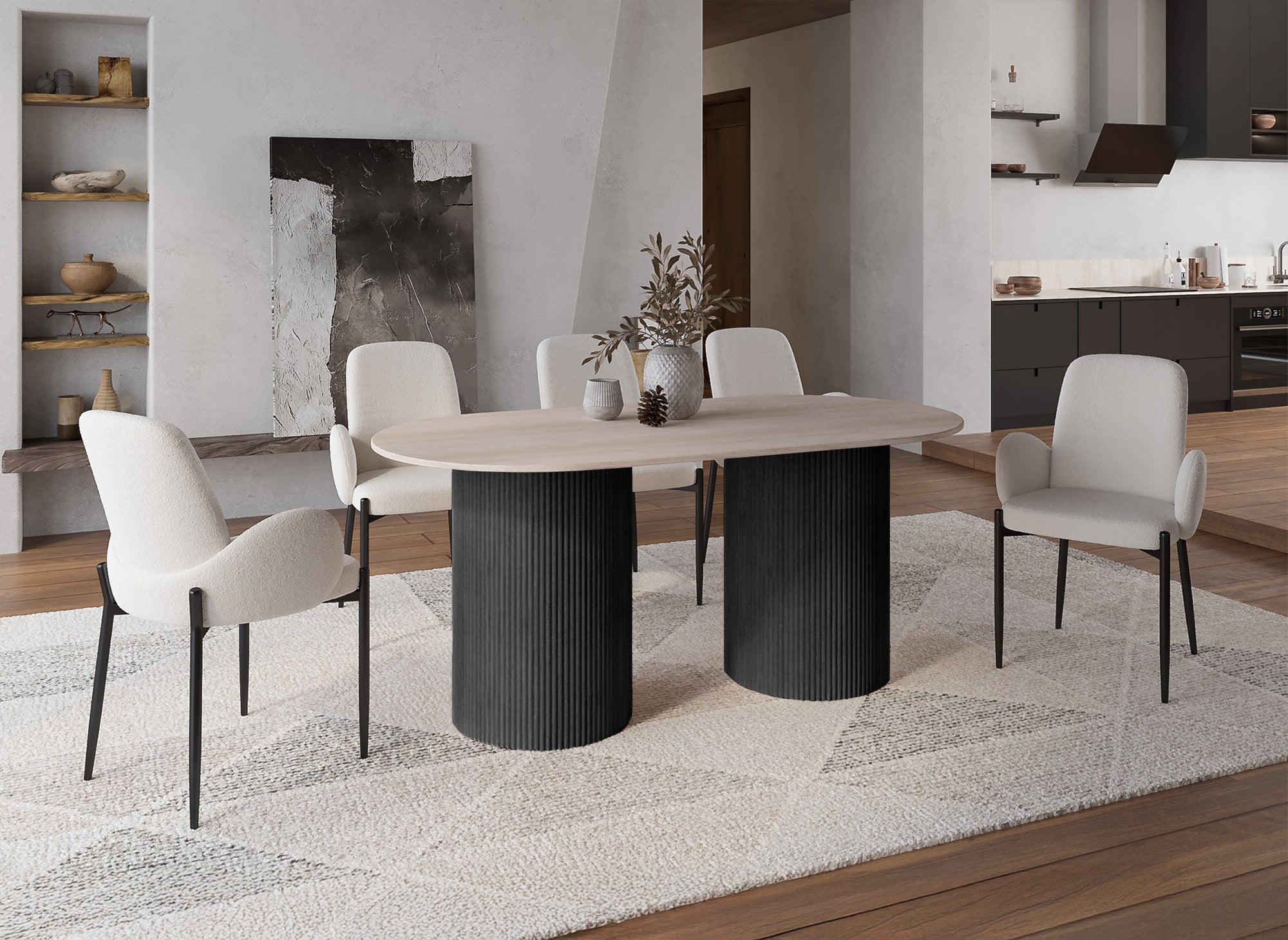 Mesa de comedor de mármol compuesto beige con patas negras, capacidad para 6 personas, DHARA BLACK
