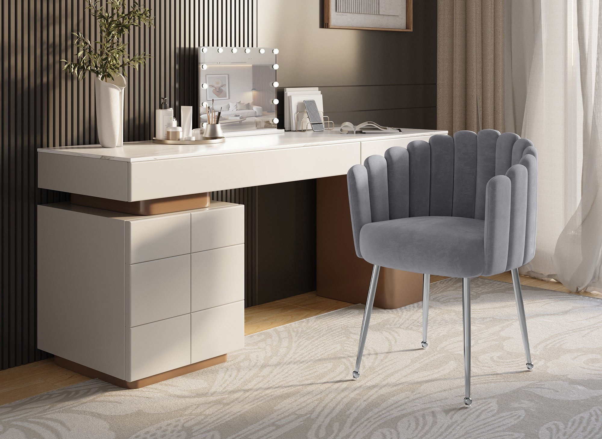 Silla HAYDEN de terciopelo gris con patas de metal plateado