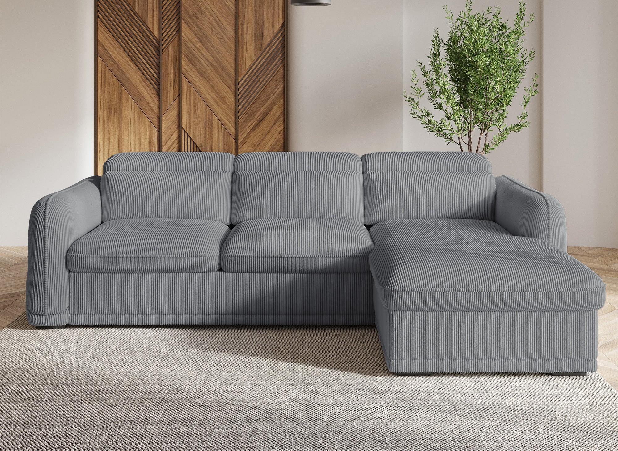 Sofá cama esquinero PETUNIA con almacenaje en pana gris gruesa - Esquina derecha