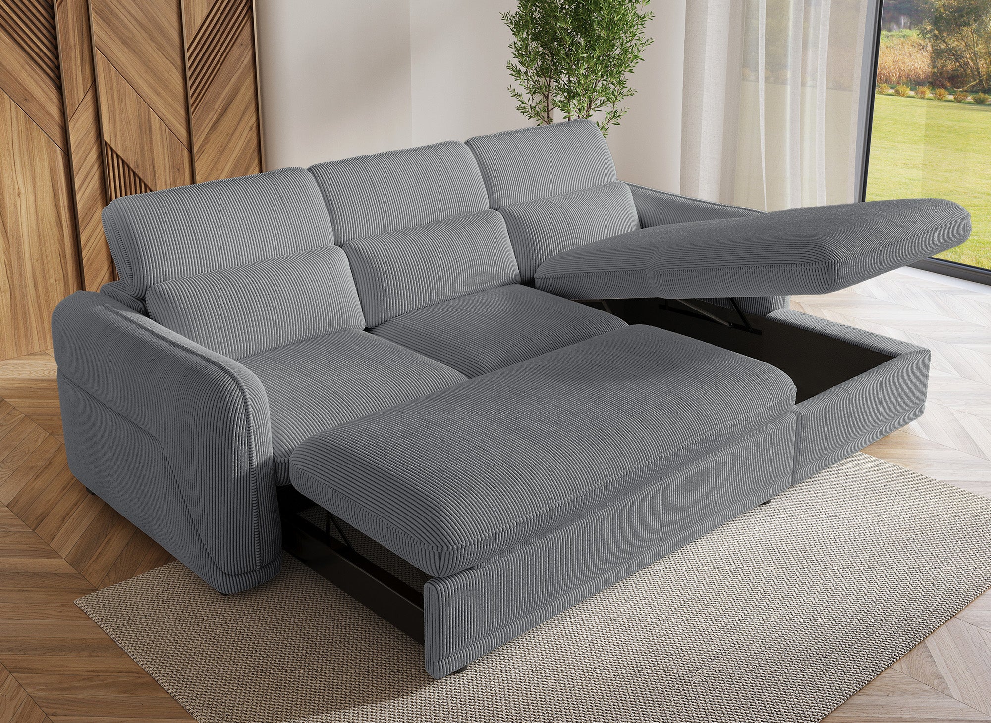 Sofá cama esquinero PETUNIA con almacenaje en pana gris gruesa - Esquina derecha