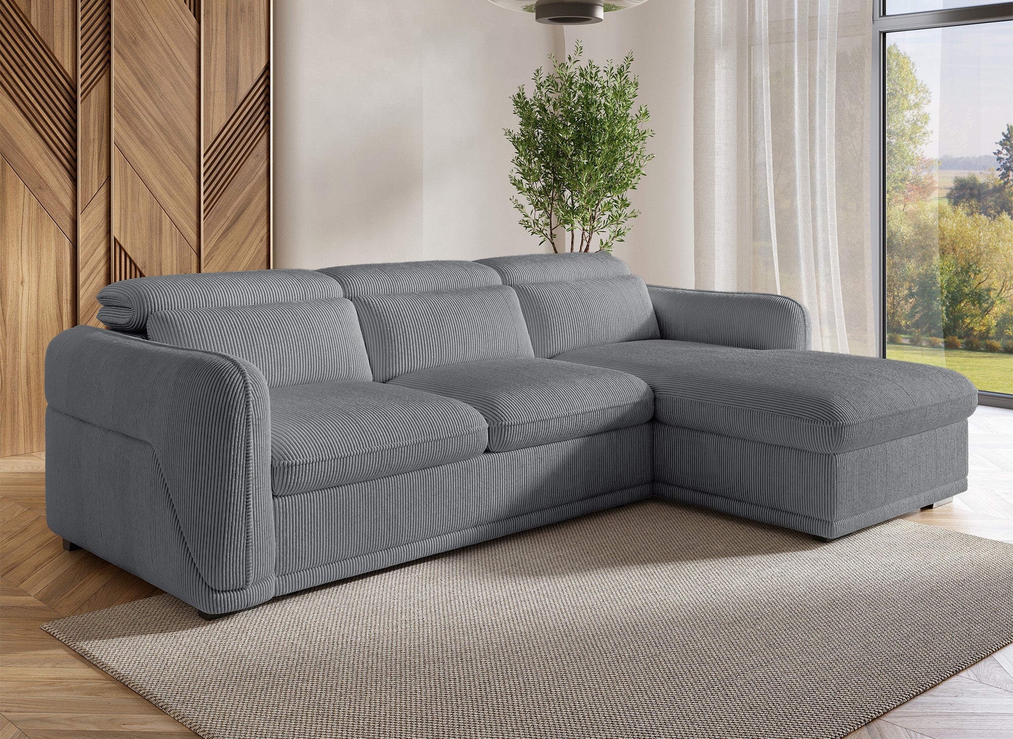 Sofá cama esquinero PETUNIA con almacenaje en pana gris gruesa - Esquina derecha