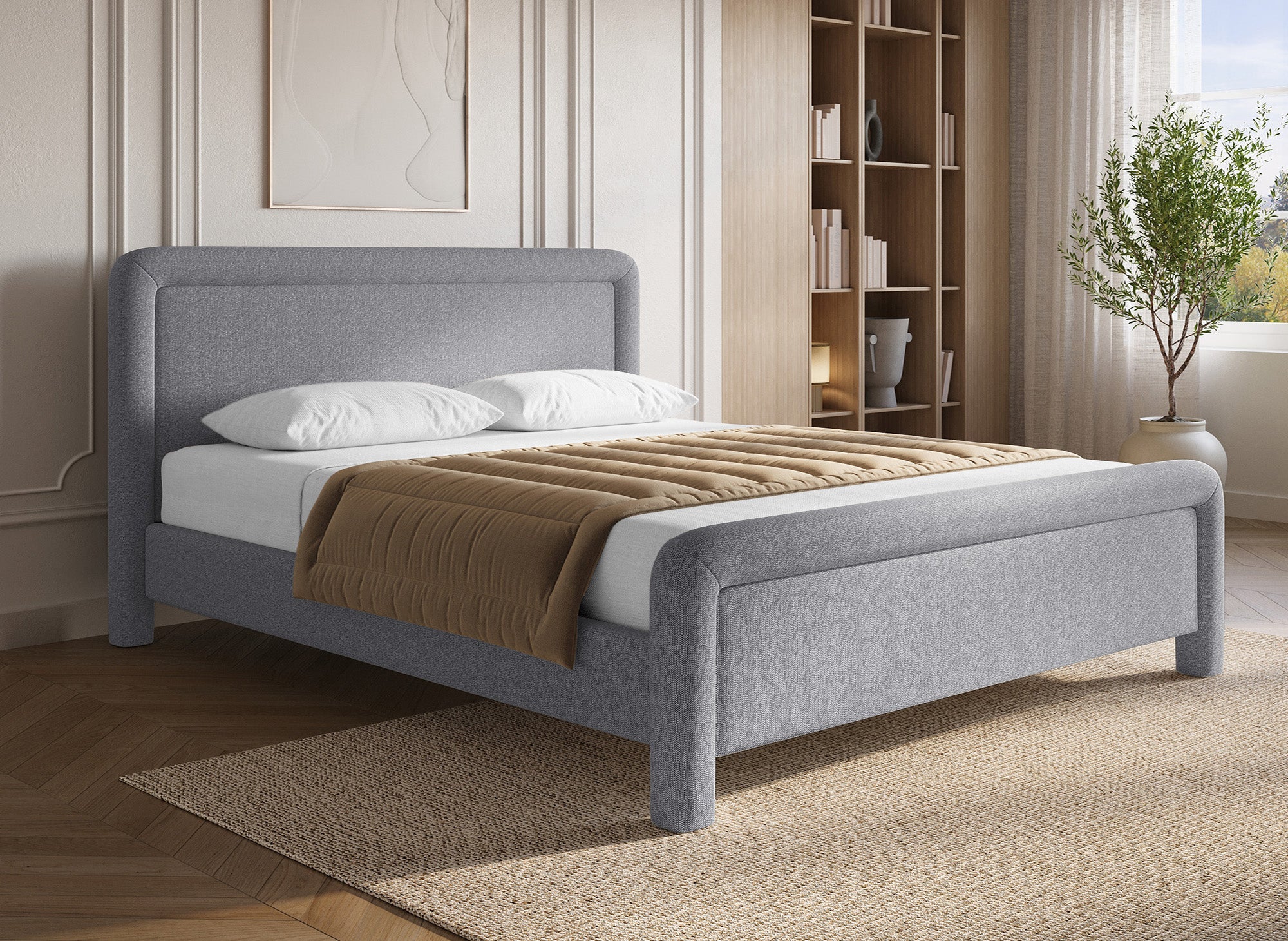 Cama doble ANELA de tela gris suave, 180 x 200 cm
