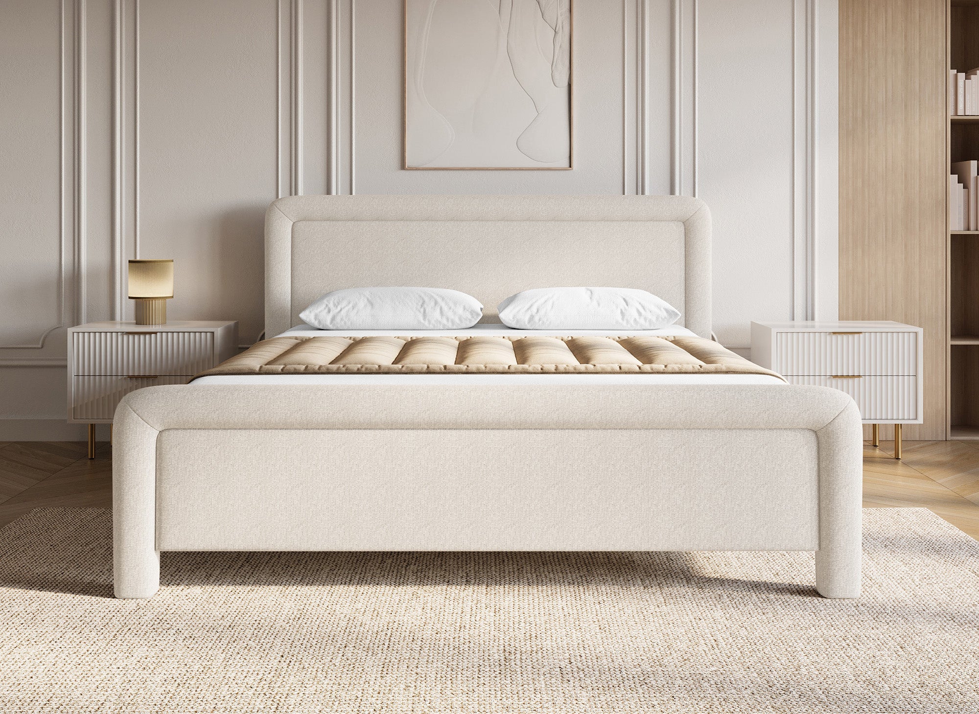 Cama doble ANELA de tela suave color beige, 180 x 200 cm