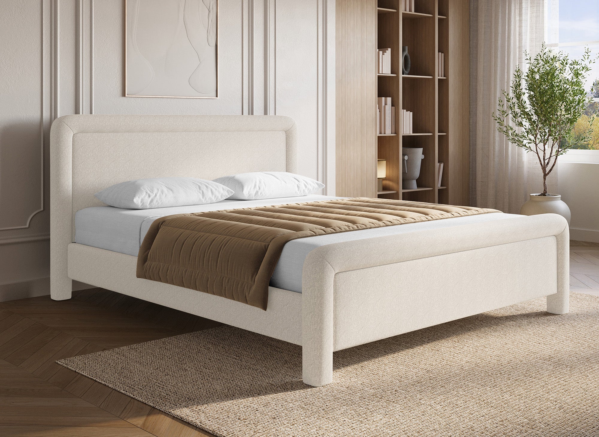 Cama doble ANELA de tela suave color beige, 180 x 200 cm