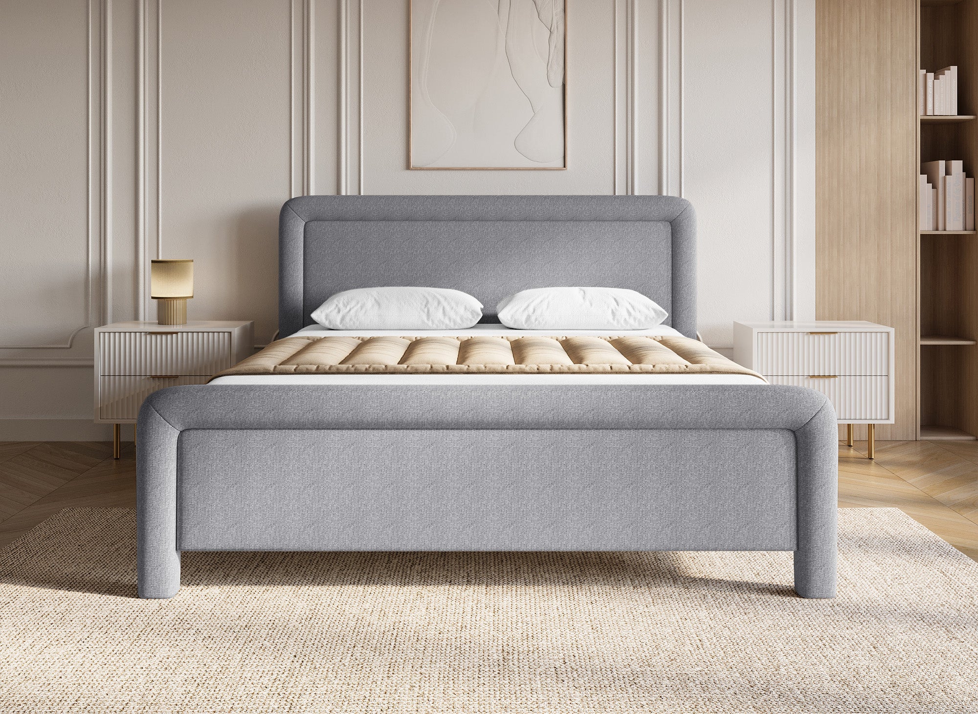 Cama doble ANELA de tela gris suave, 160 x 200 cm