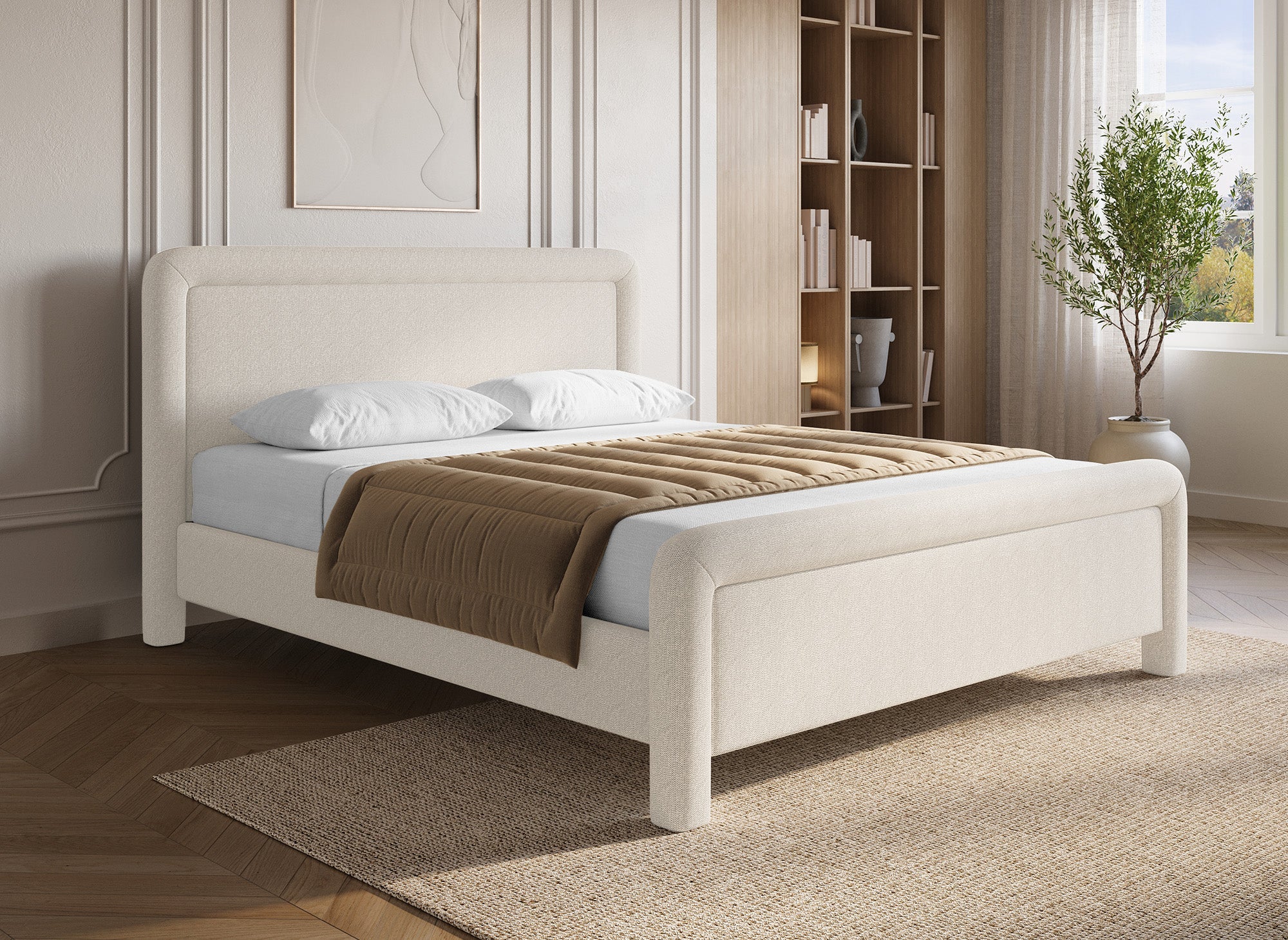 Cama doble ANELA de tela suave color beige, 160 x 200 cm