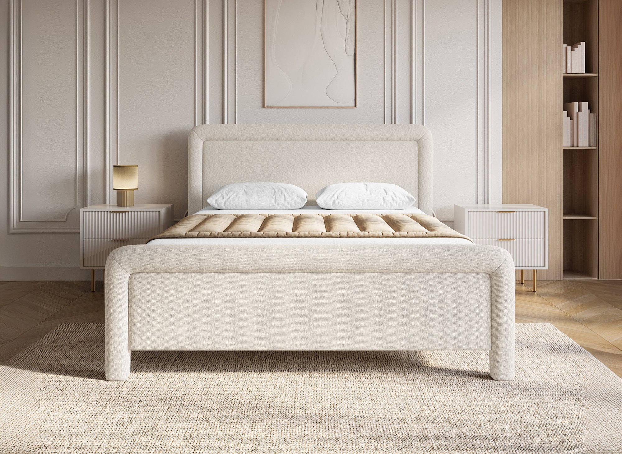 Cama doble ANELA de tela suave color beige, 140 x 190 cm