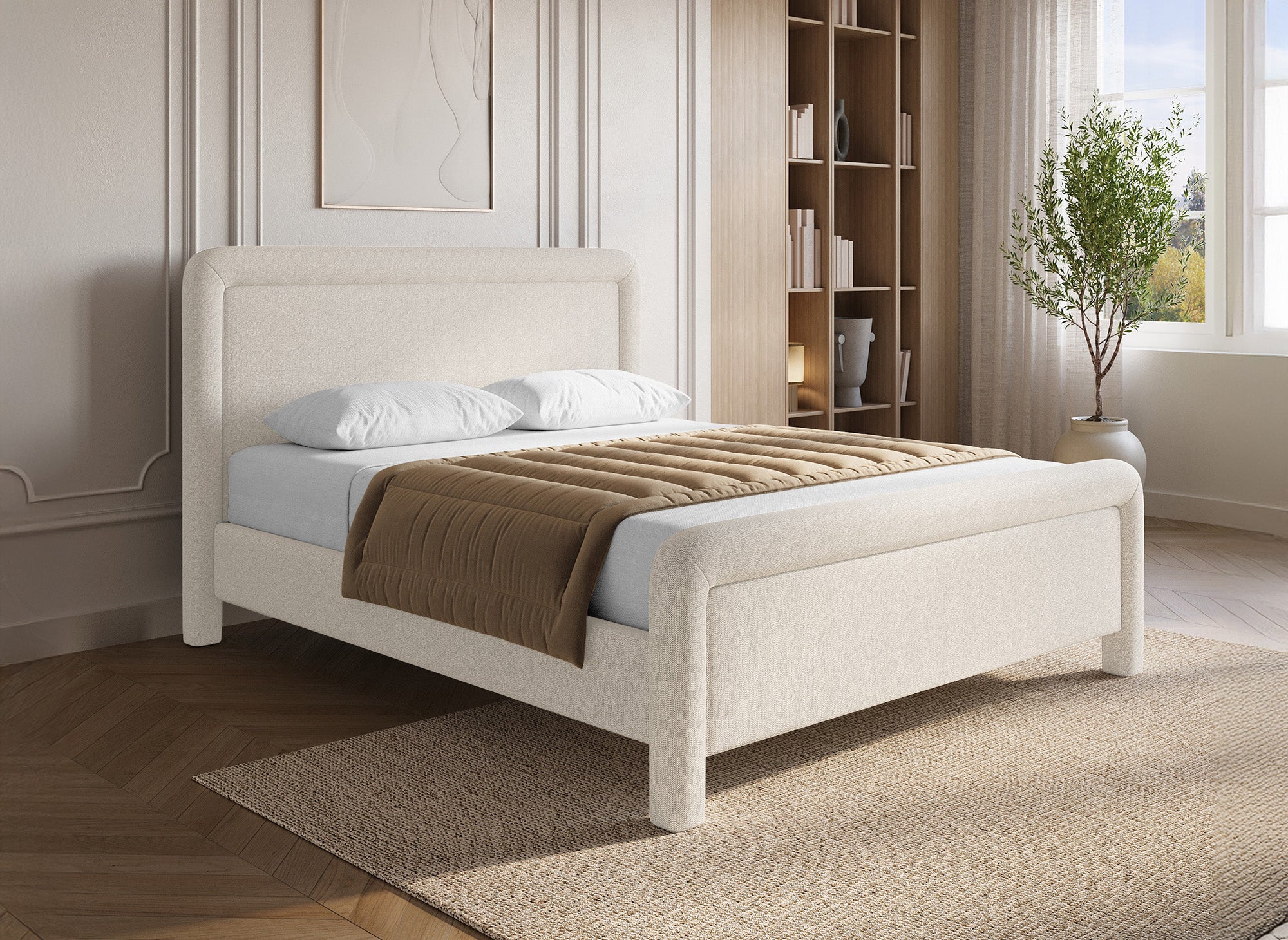 Cama doble ANELA de tela suave color beige, 140 x 190 cm