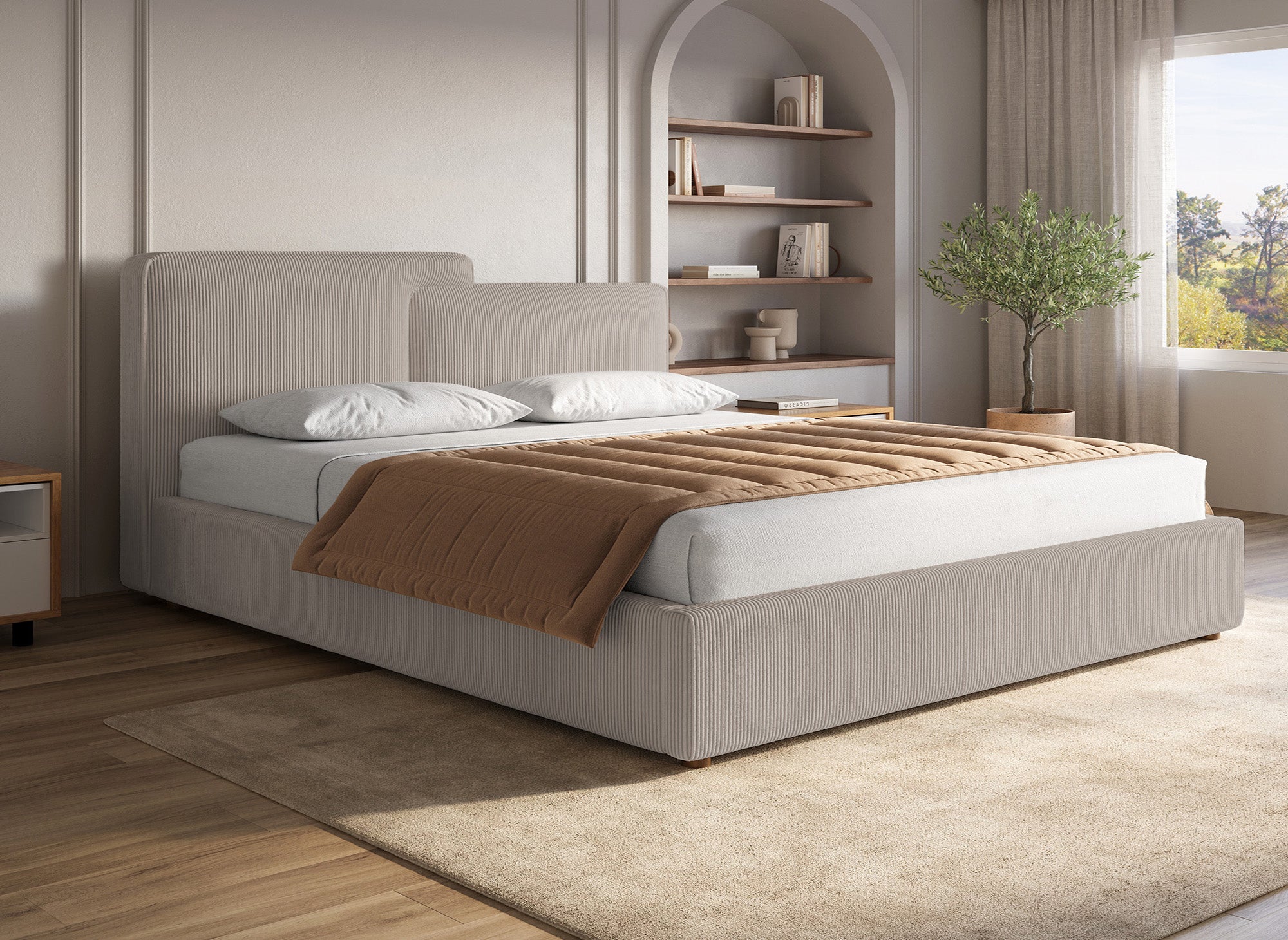 Cama de almacenaje ZELIA de 180x200 cm en pana color topo