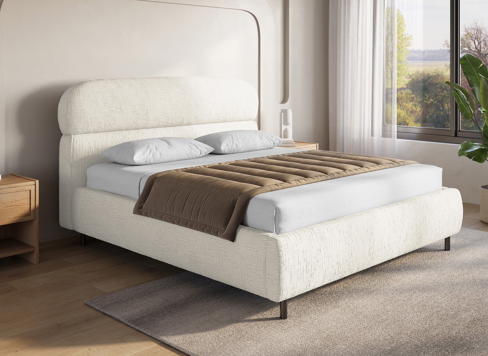 Cama con almacenaje MELO de terciopelo jaspeado beige de 160x200 cm