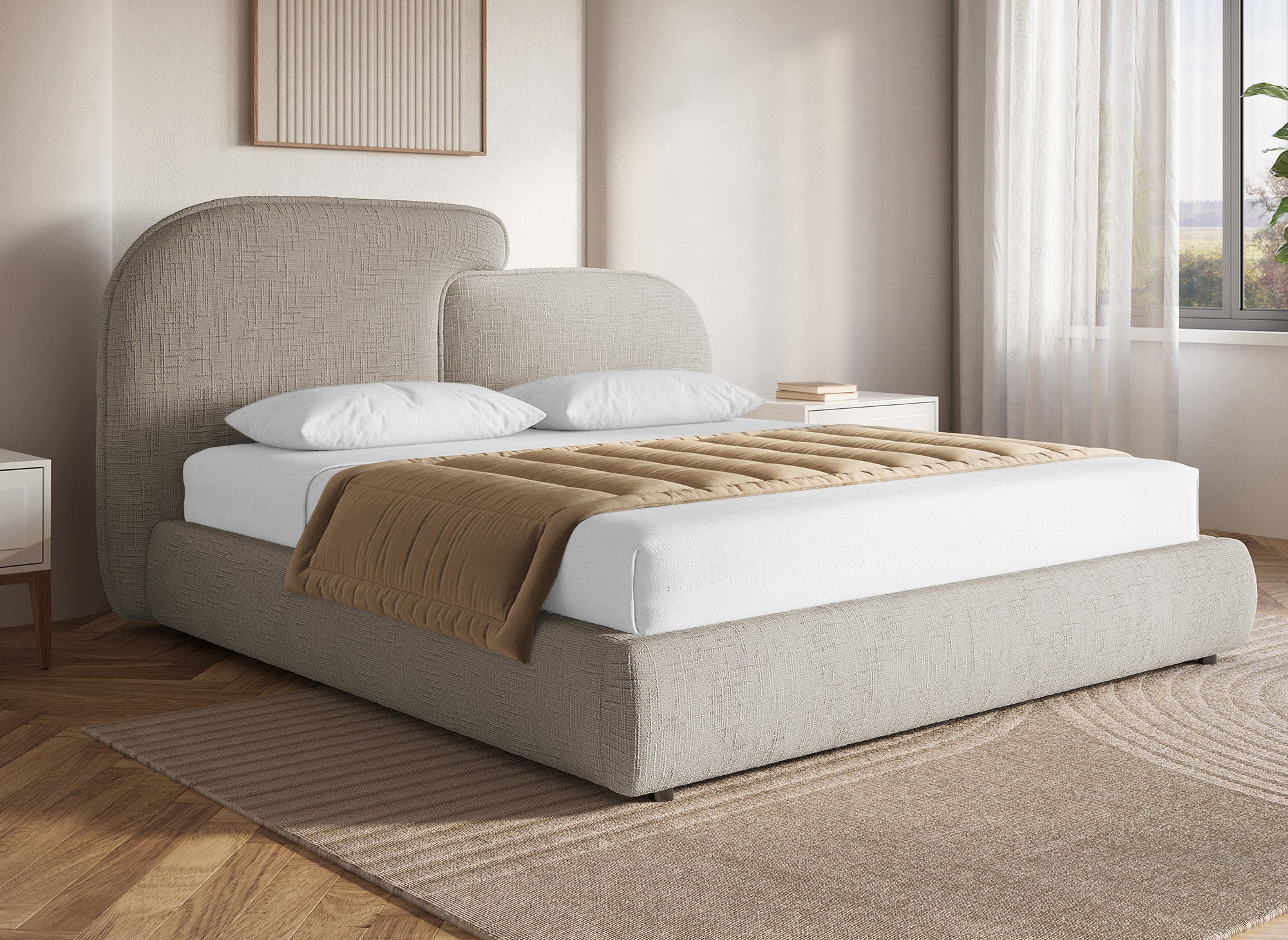 Cama de almacenaje MILENA de 180x200 cm en terciopelo jaspeado color topo