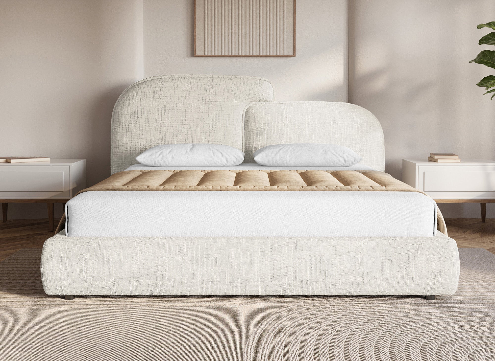 Cama de almacenaje MILENA de terciopelo jaspeado beige de 180x200 cm